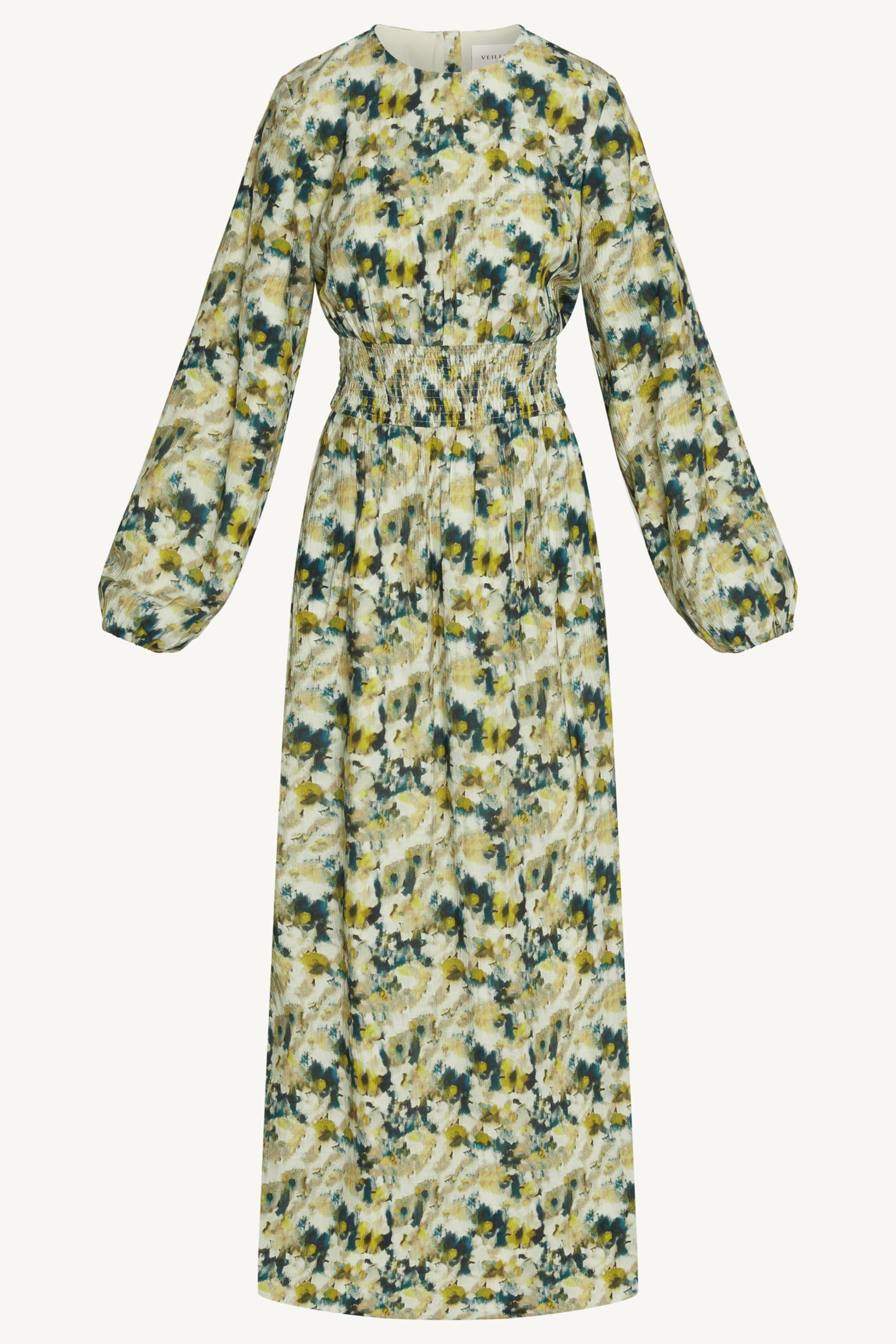 Printed Smocked Waist Dress Abayas Veiled
