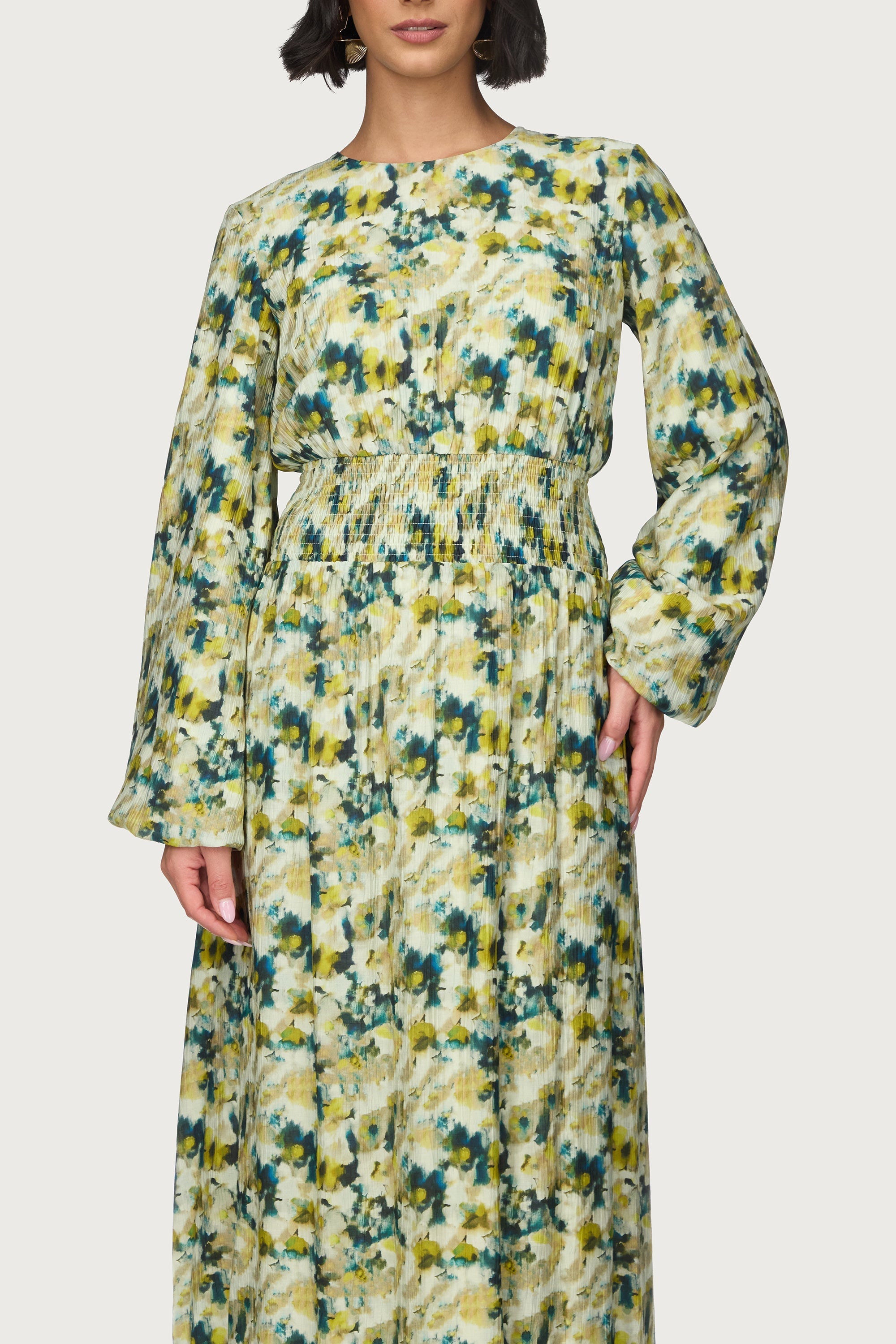Printed Smocked Waist Dress Abayas Veiled