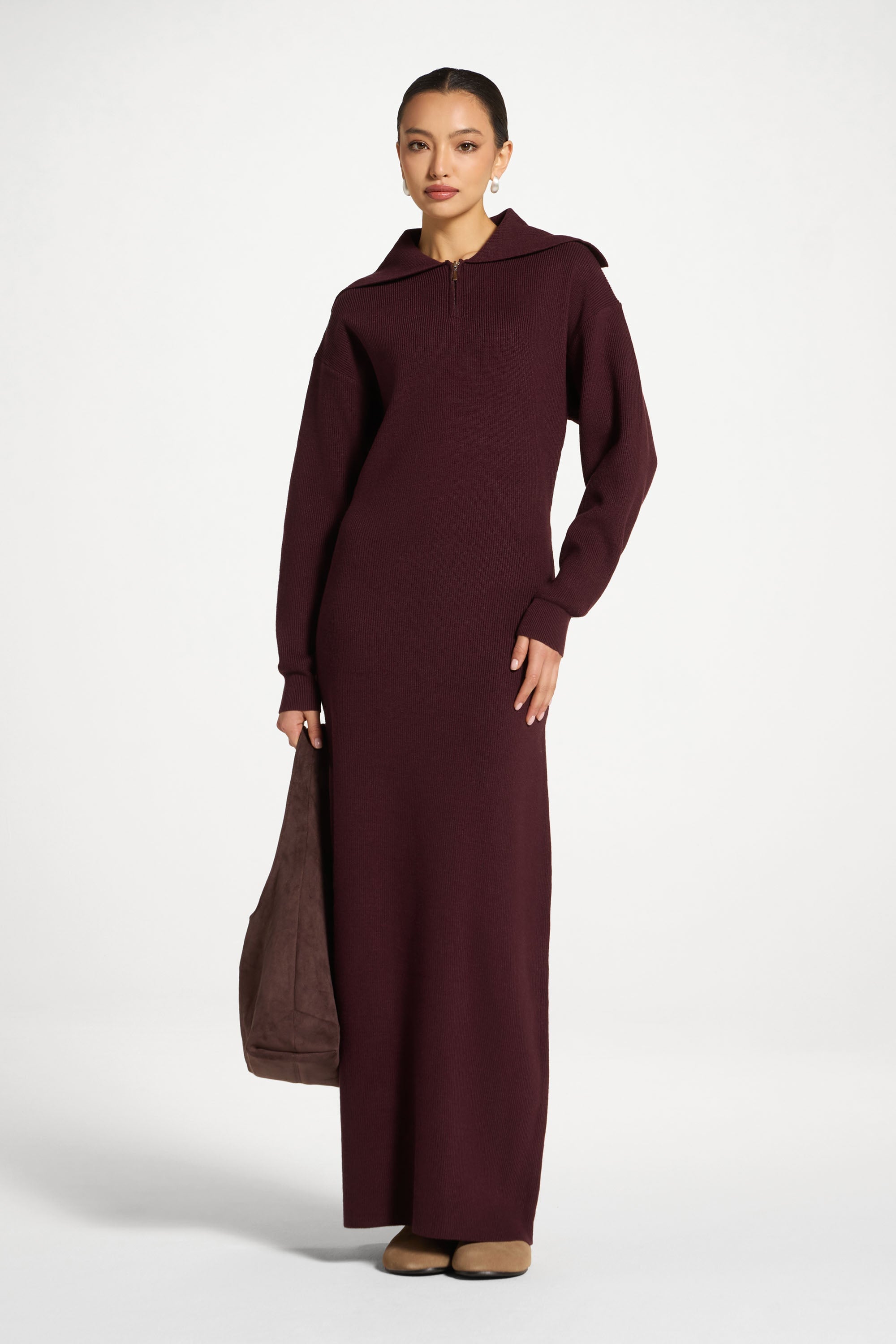 Quarter Zip Knit Maxi Dress - Chocolate Truffle Abayas Veiled