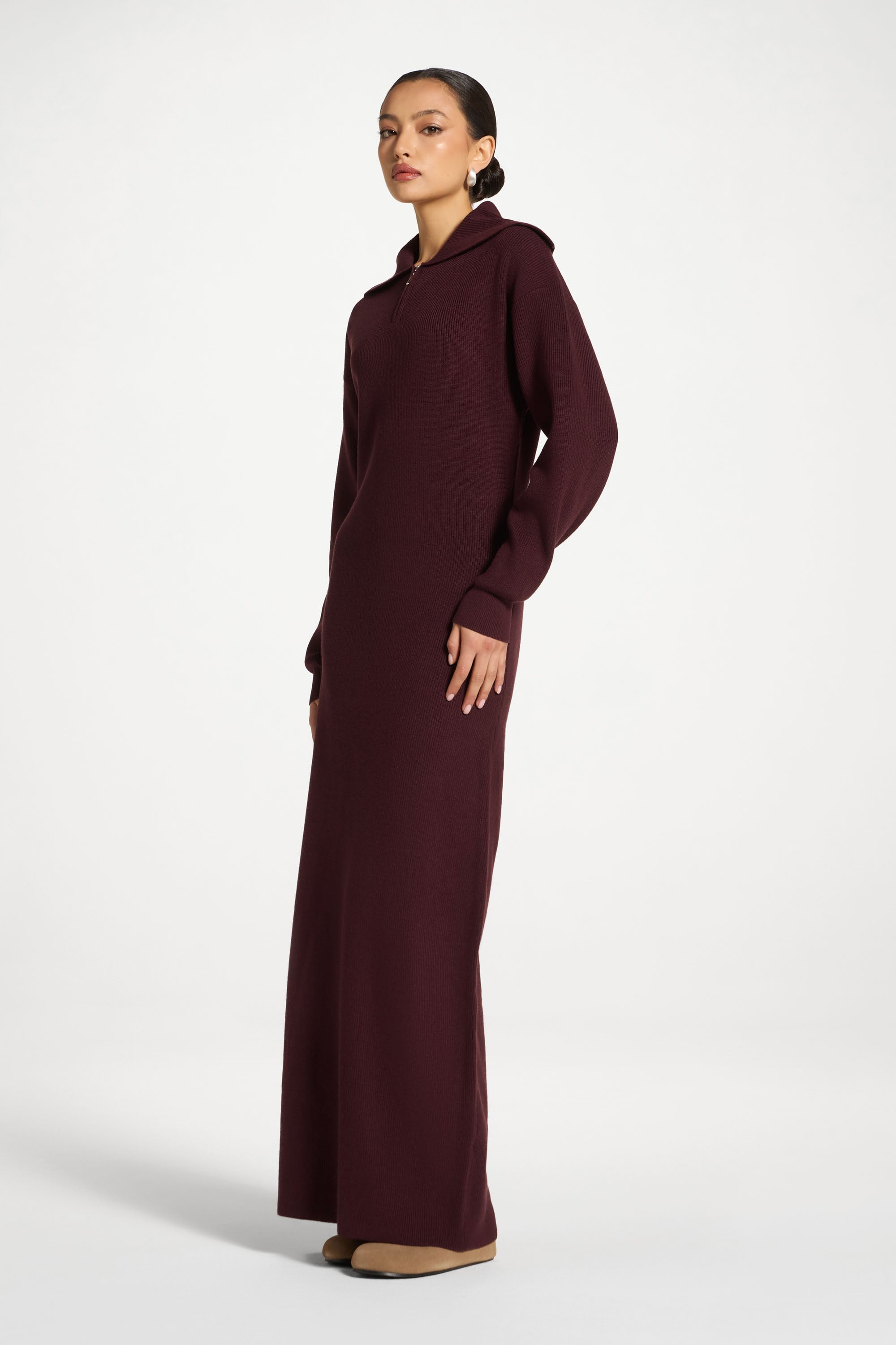 Quarter Zip Knit Maxi Dress - Chocolate Truffle Abayas Veiled