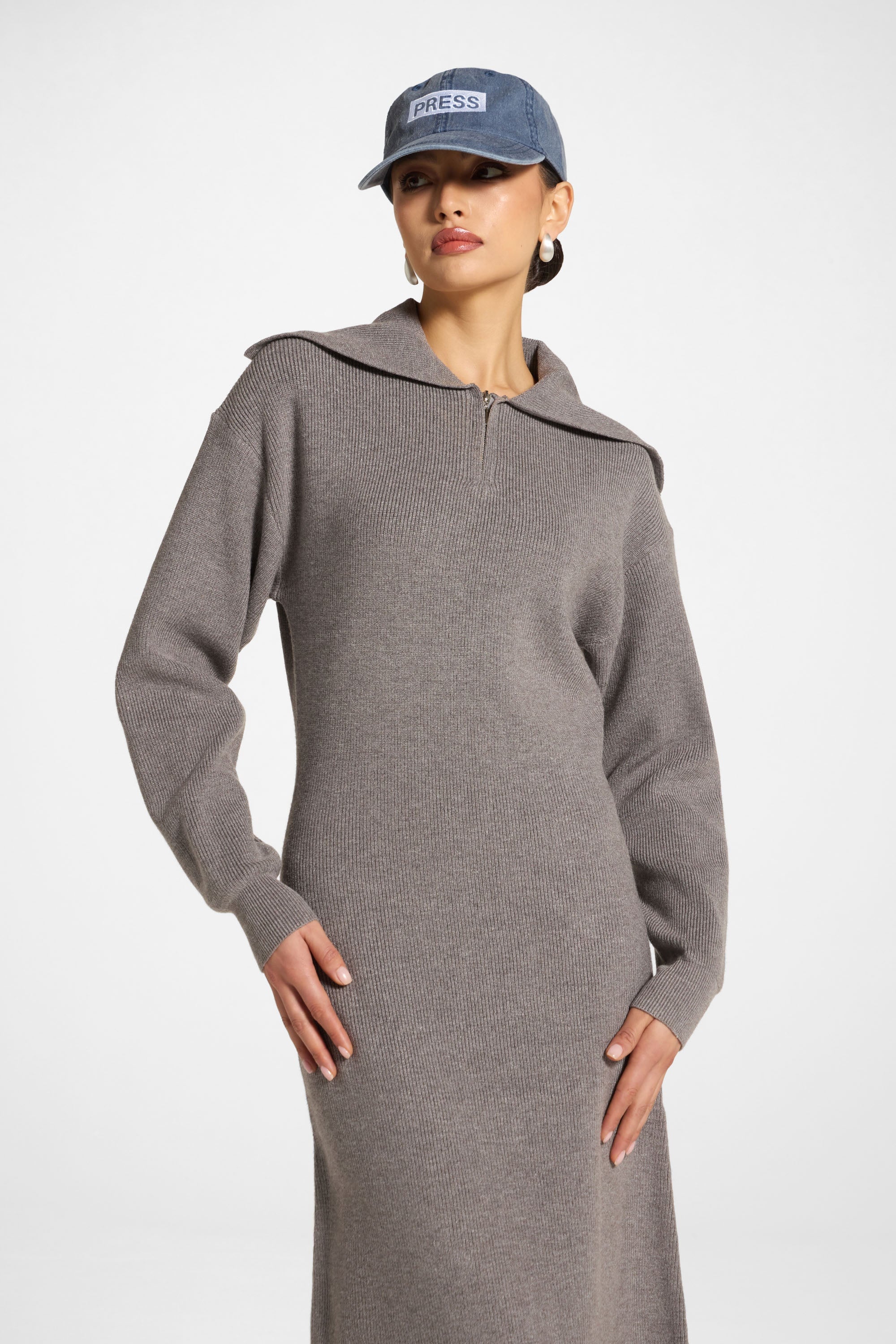 Quarter Zip Knit Maxi Dress - Heather Grey Abayas Veiled