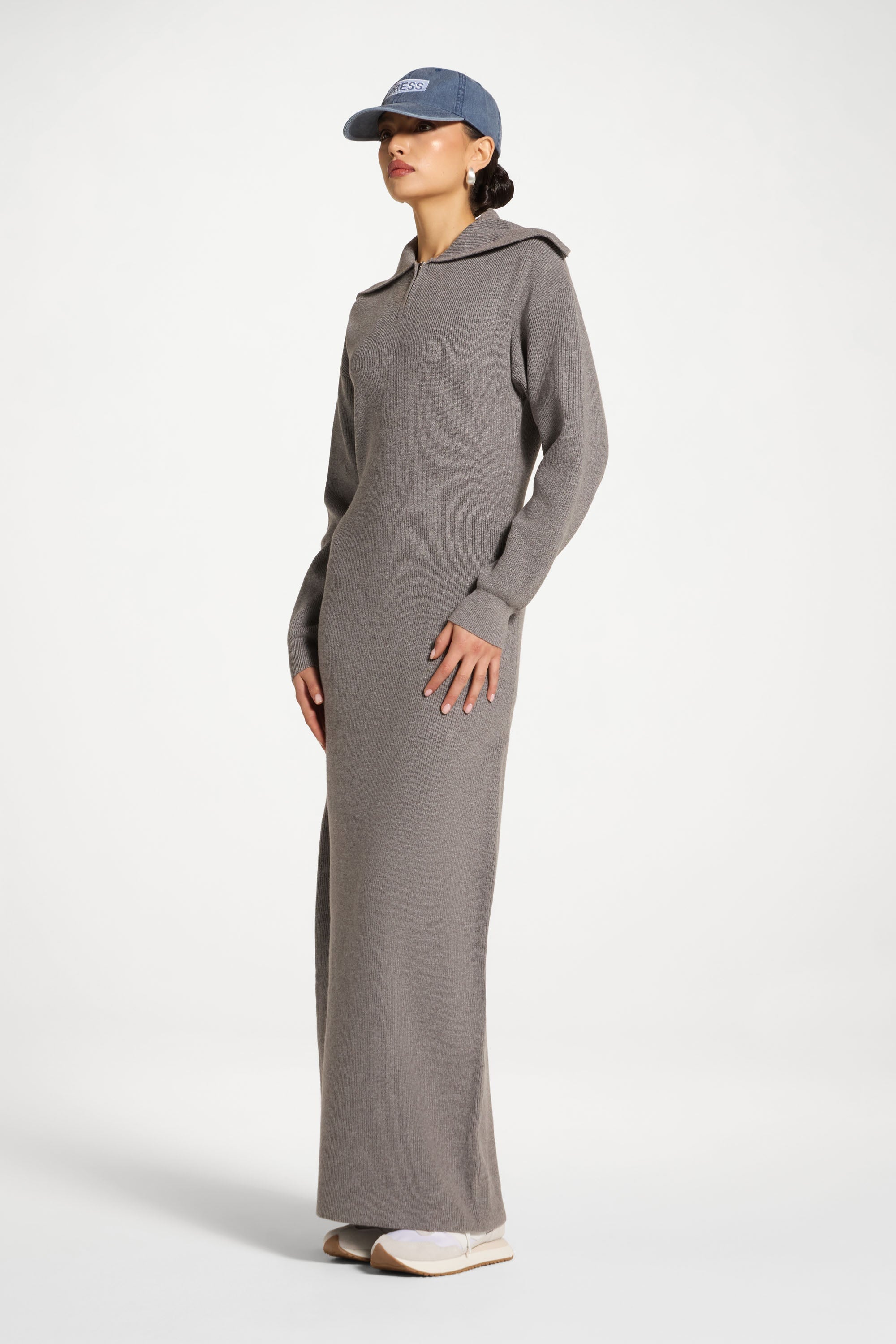 Quarter Zip Knit Maxi Dress - Heather Grey Abayas Veiled