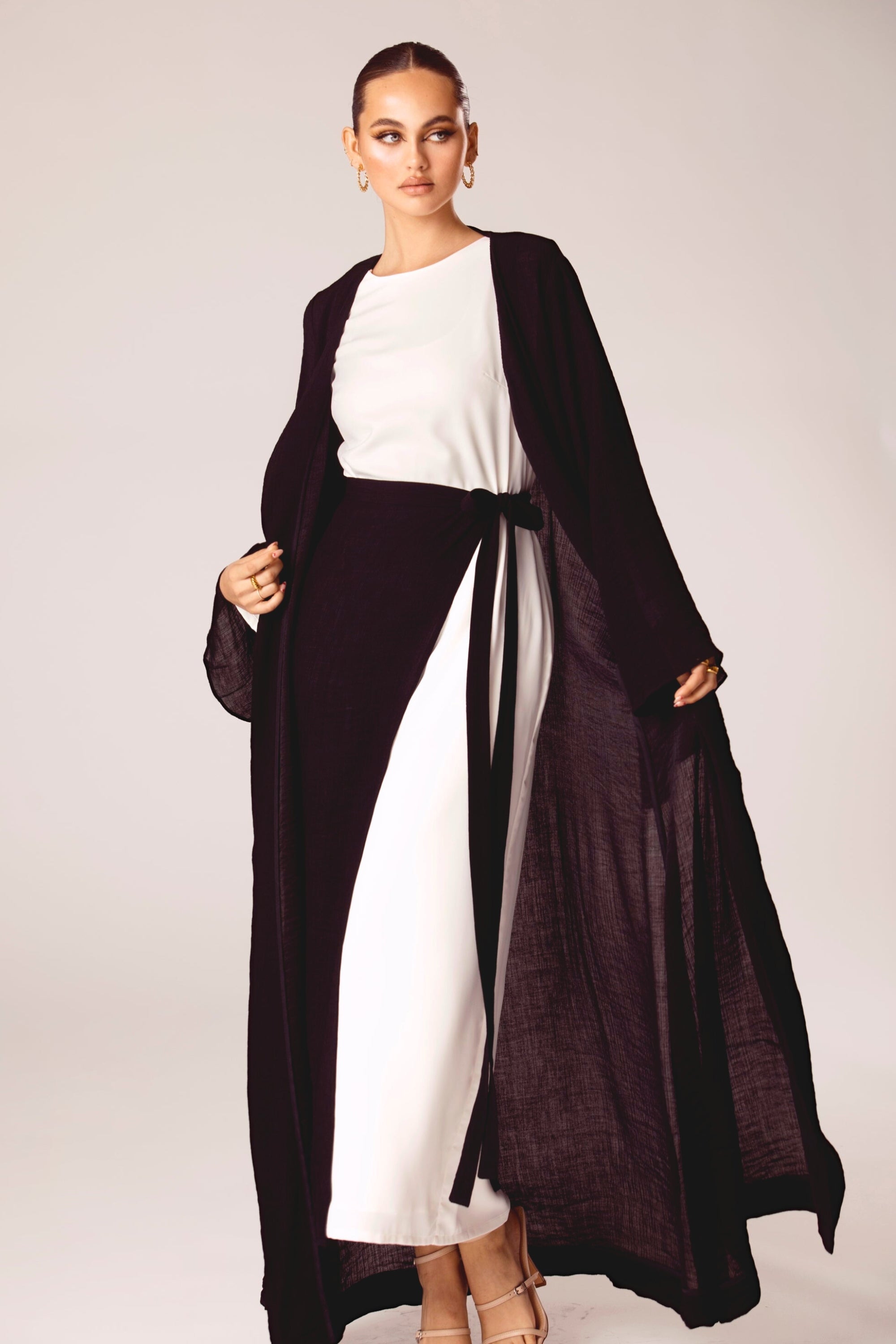 Rana Textured Open Abaya and Skirt Set - Espresso Clothing Veiled Collection 