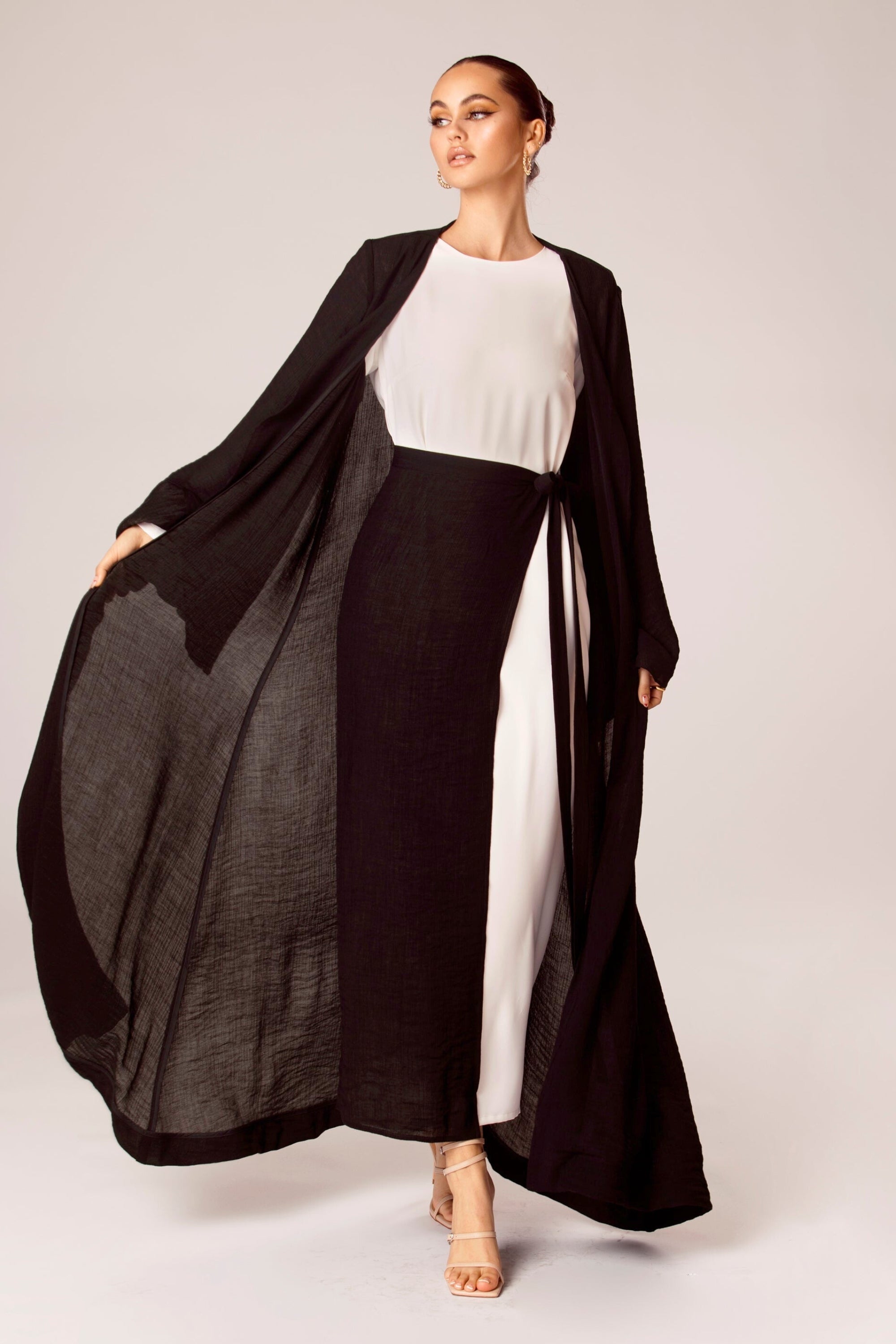 Rana Textured Open Abaya and Skirt Set - Espresso Clothing epschoolboard 