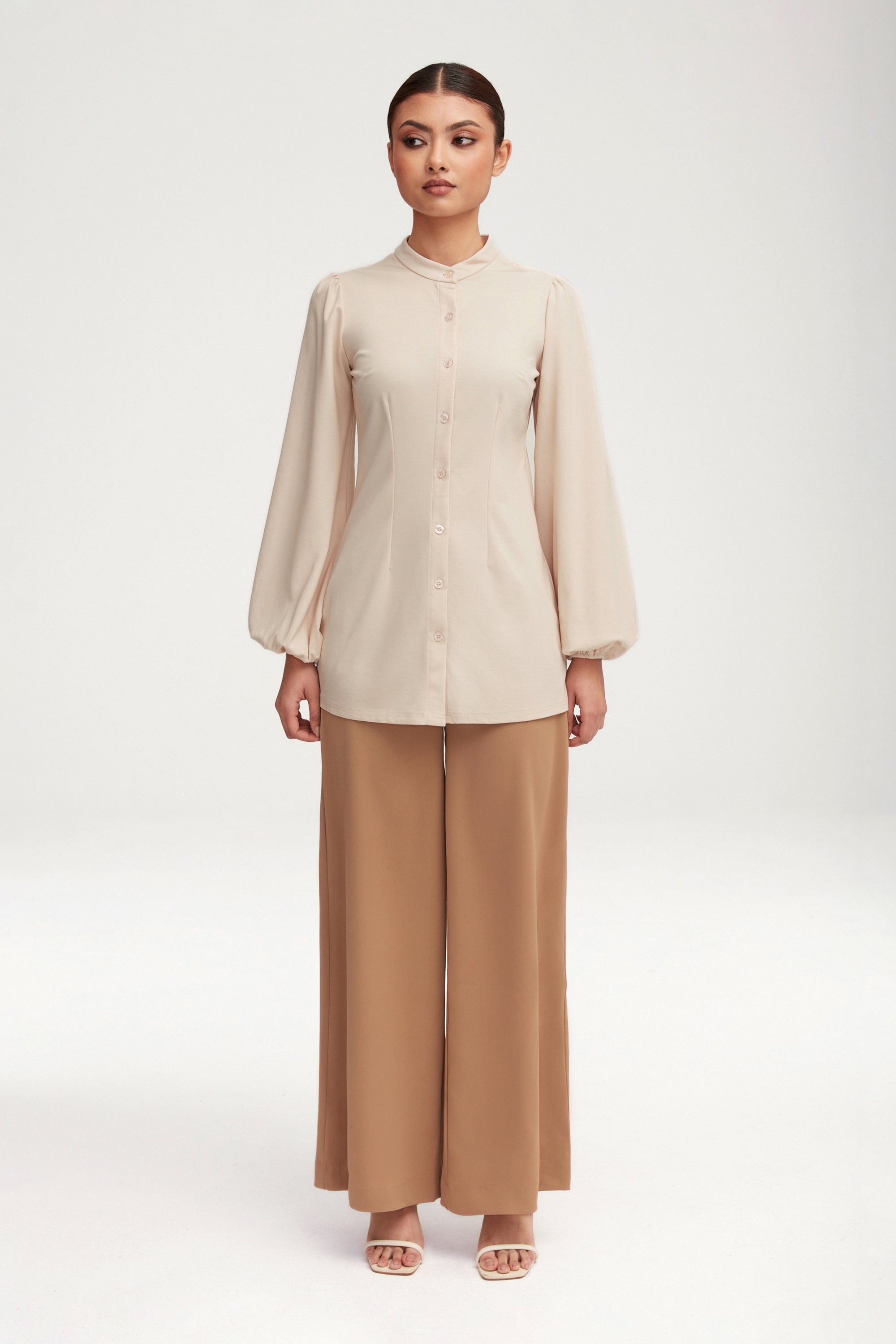 Rayana Jersey Button Down Top - Light Sand Clothing epschoolboard 