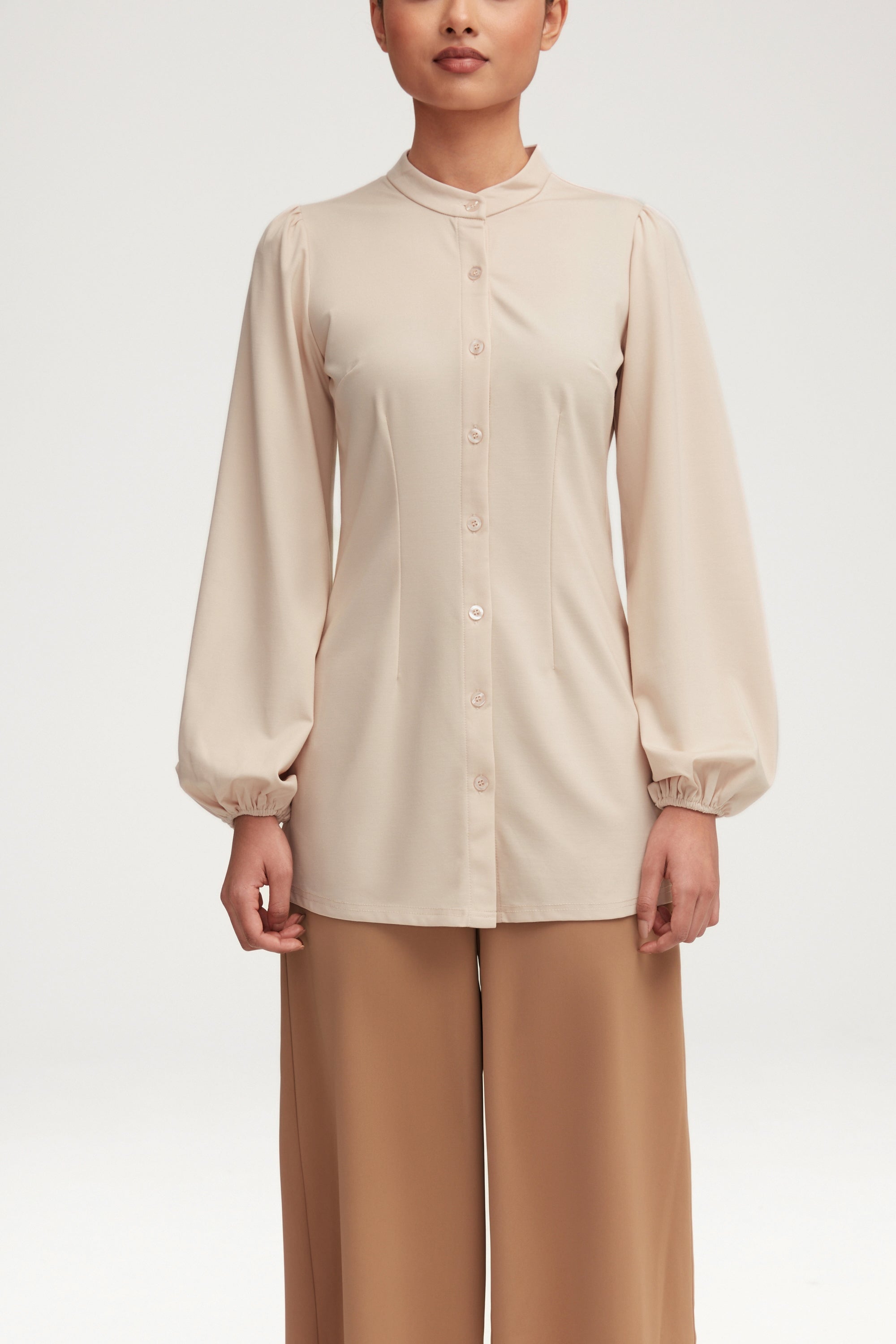Rayana Jersey Button Down Top - Light Sand Clothing Veiled 