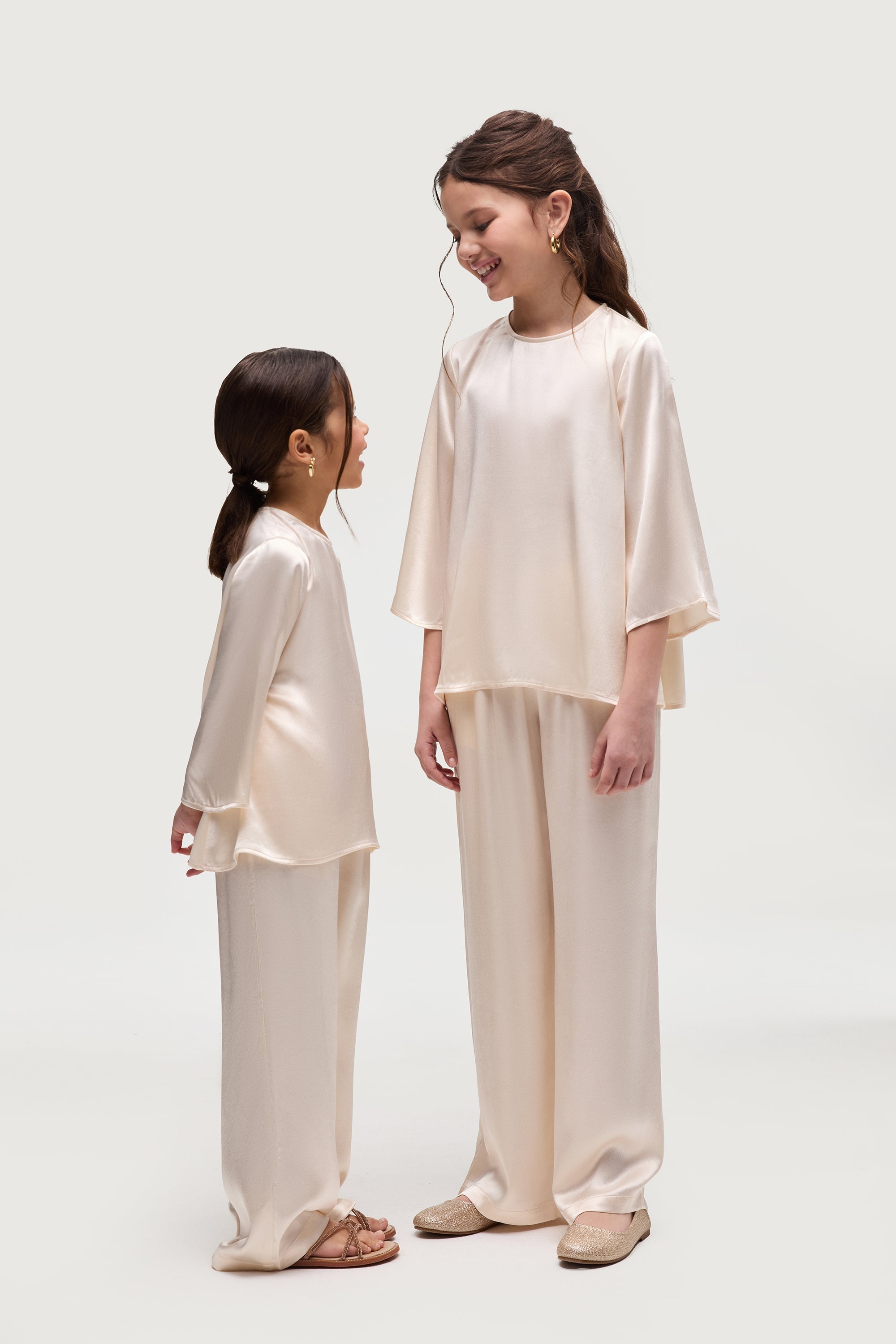 Razan Silk Inner Tie Top & Pants Matching Set - Pearl (Girls) Kids Veiled
