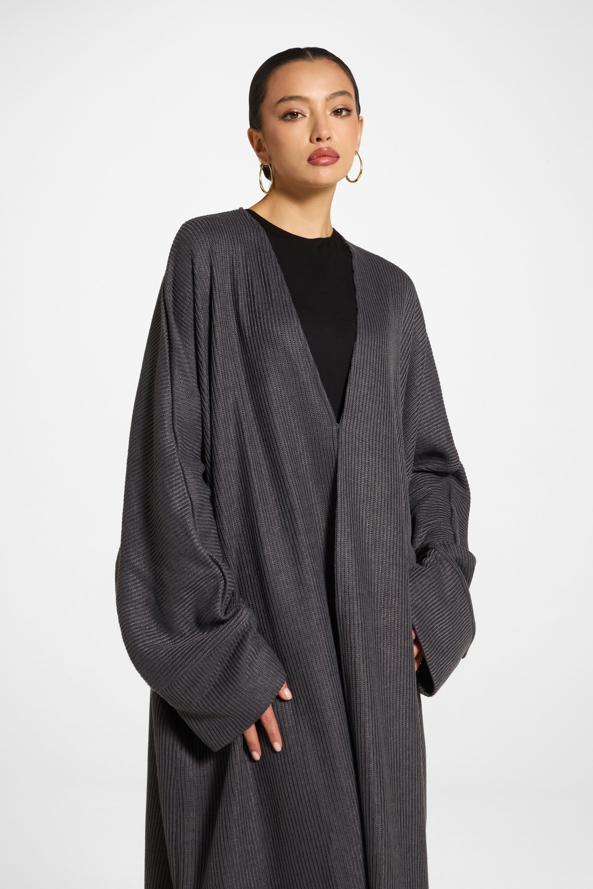 Relaxed Knit Open Abaya - Iron Abayas Veiled
