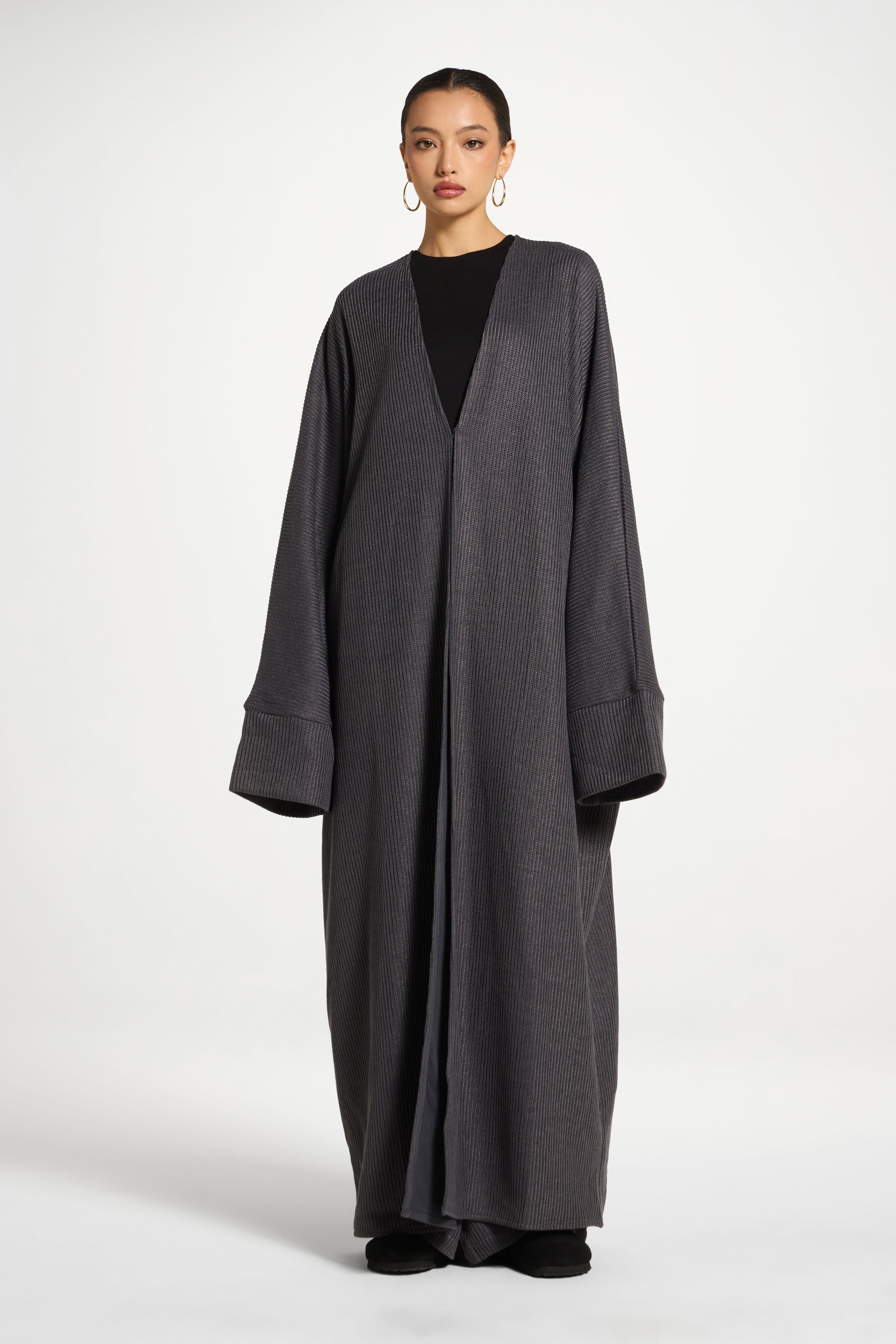 Relaxed Knit Open Abaya - Iron Abayas Veiled