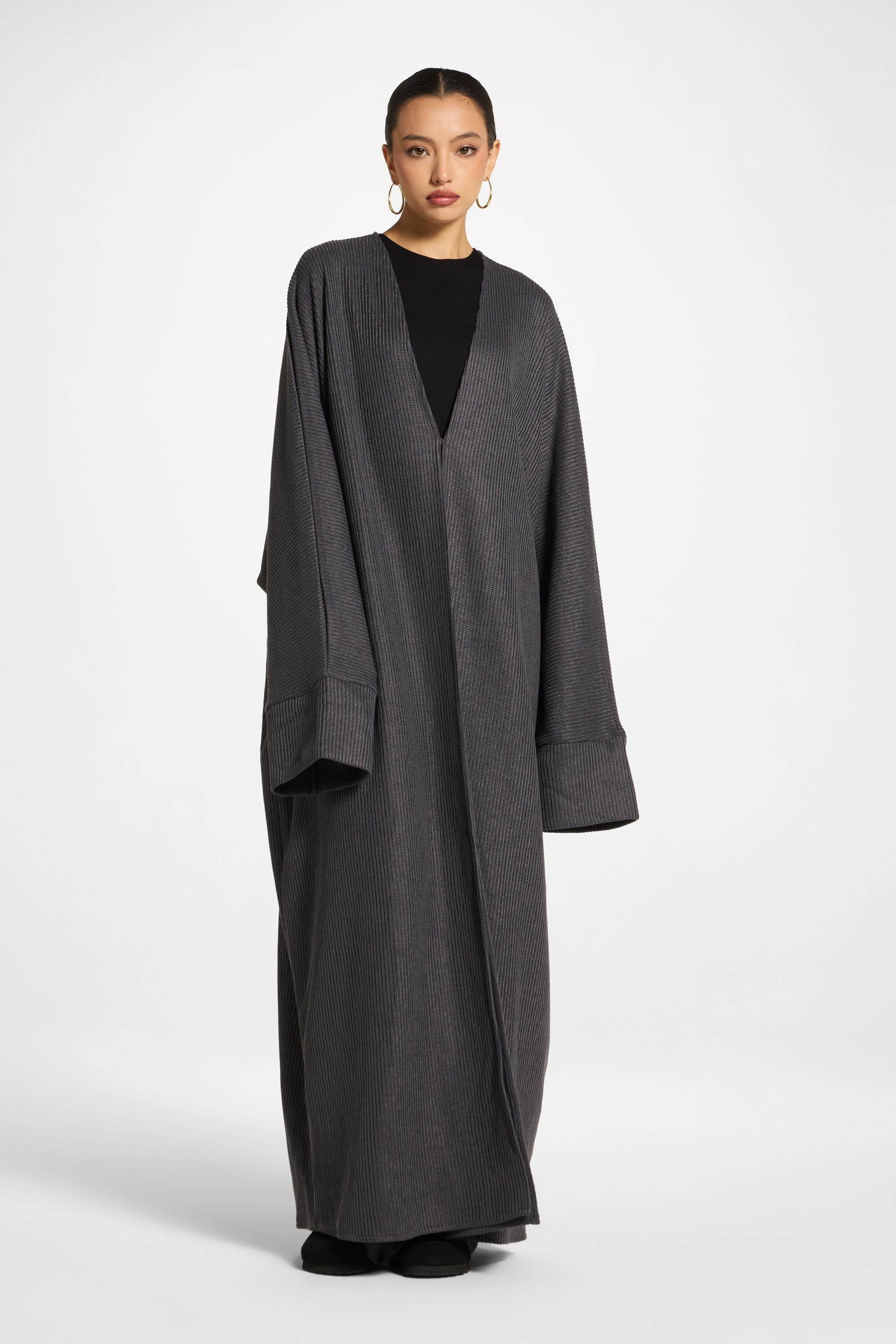 Relaxed Knit Open Abaya - Iron Abayas Veiled