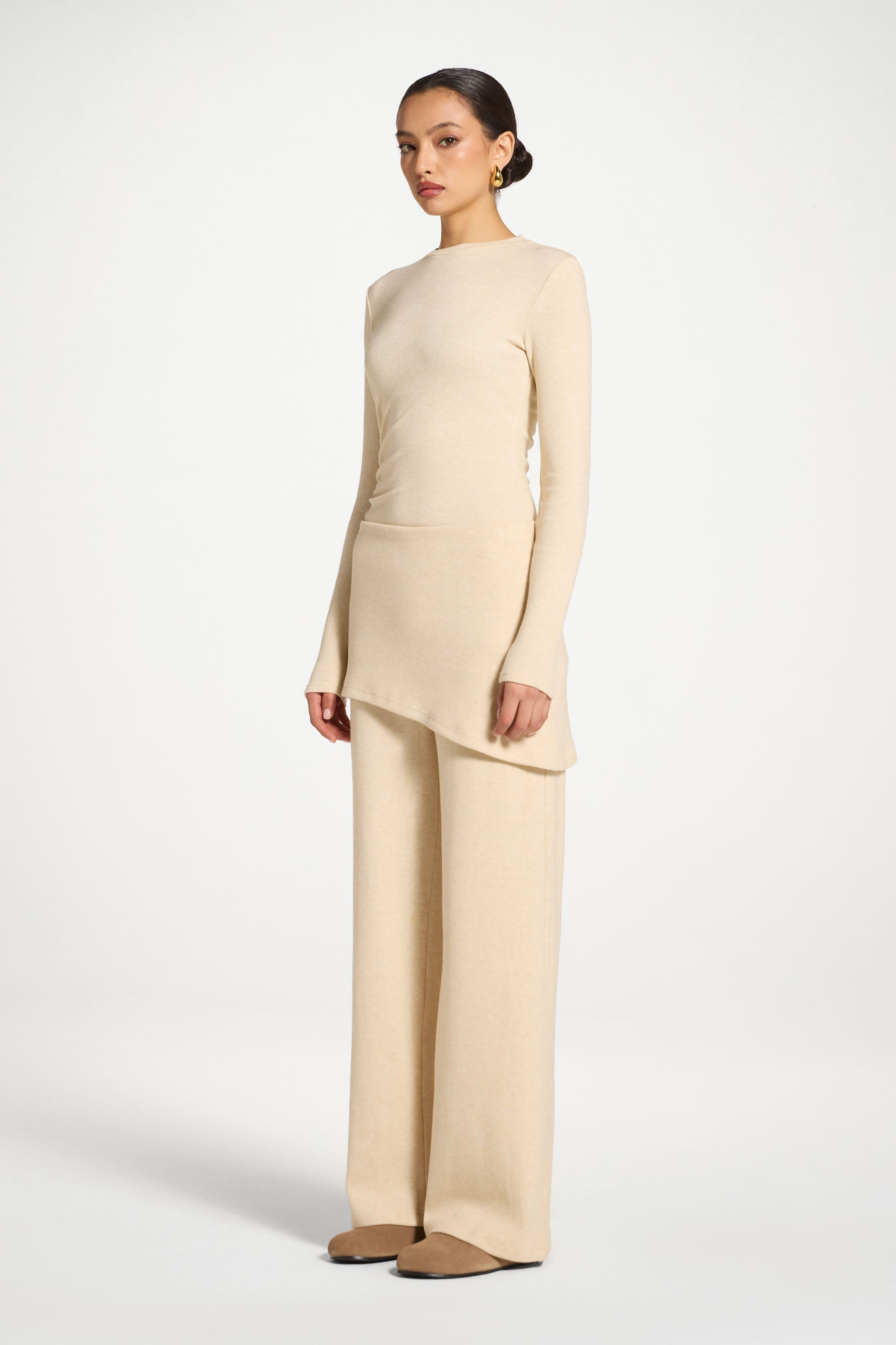 Ribbed Knit Foldover Wide Leg Pants - Beige Abayas Veiled