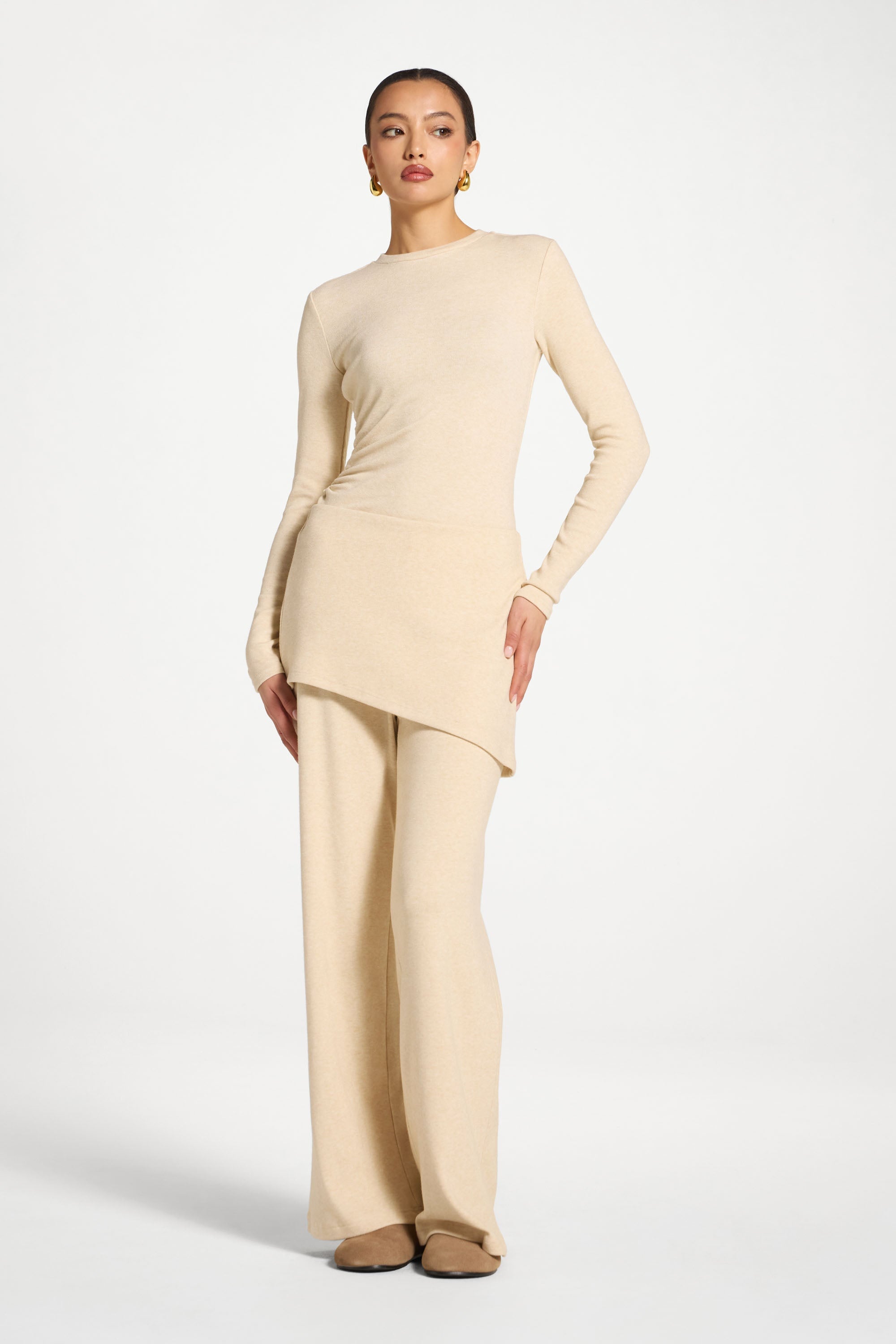 Ribbed Knit Foldover Wide Leg Pants - Beige Abayas Veiled