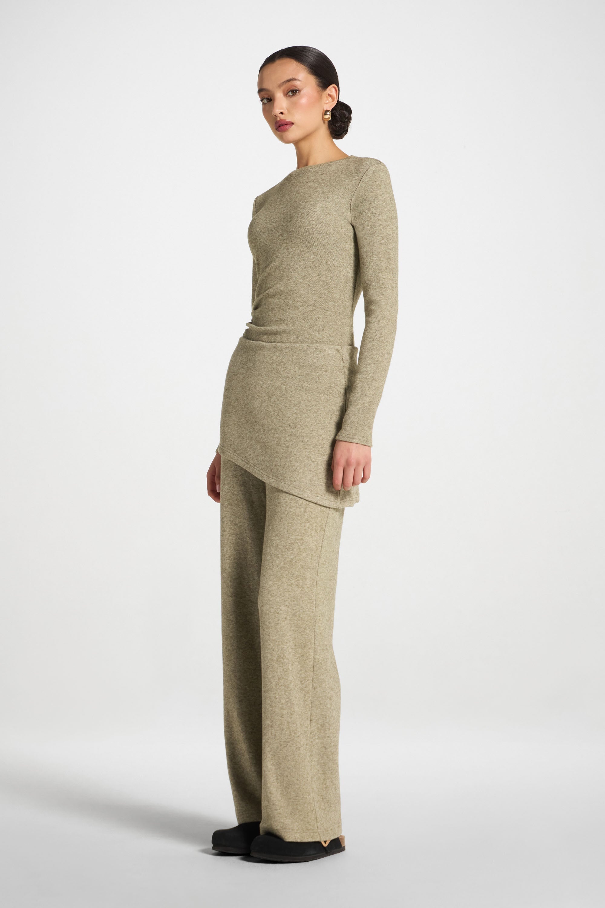 Ribbed Knit Foldover Wide Leg Pants - Olive Abayas Veiled