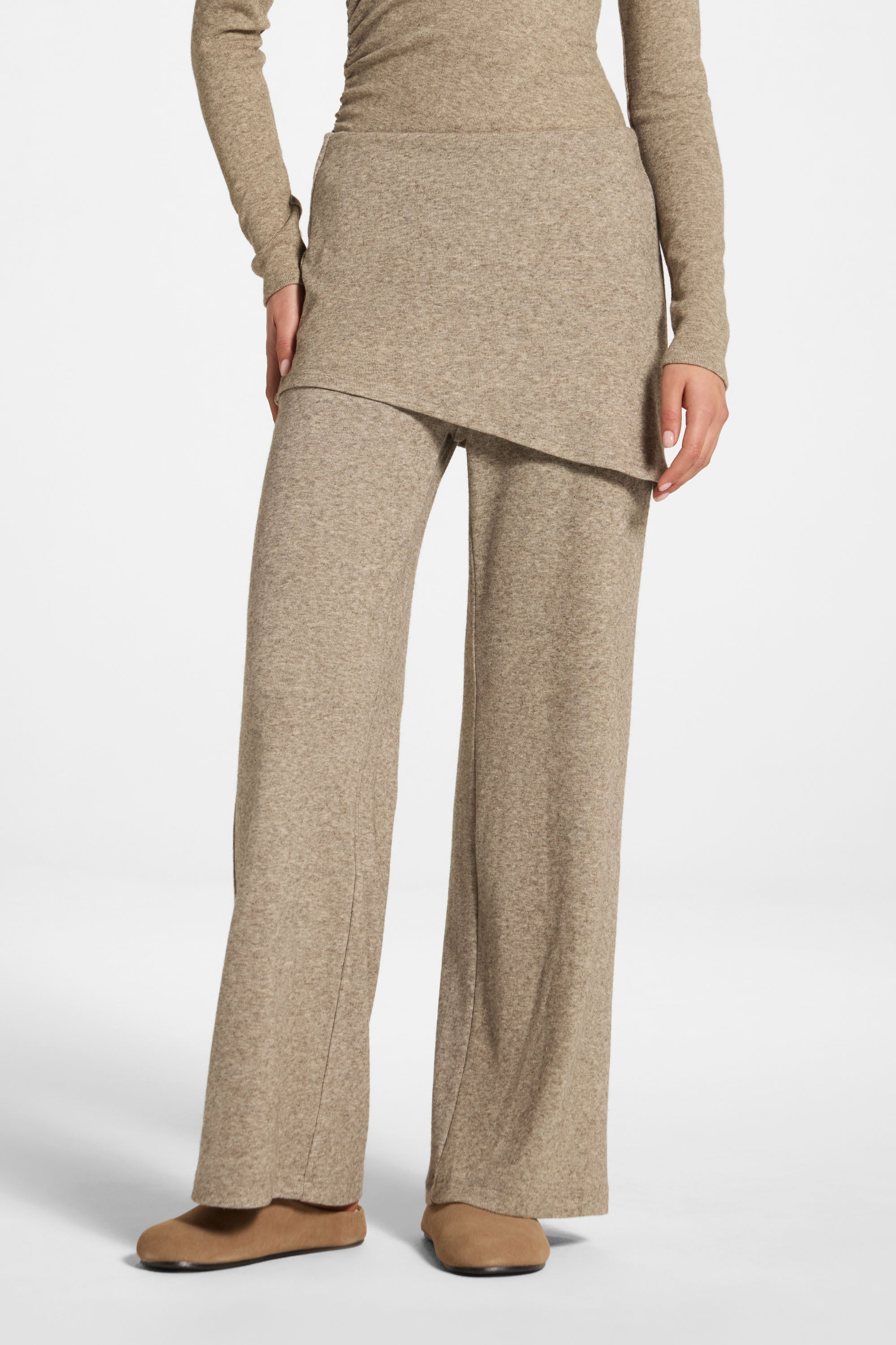 Ribbed Knit Foldover Wide Leg Pants - Warm Grey Abayas Veiled