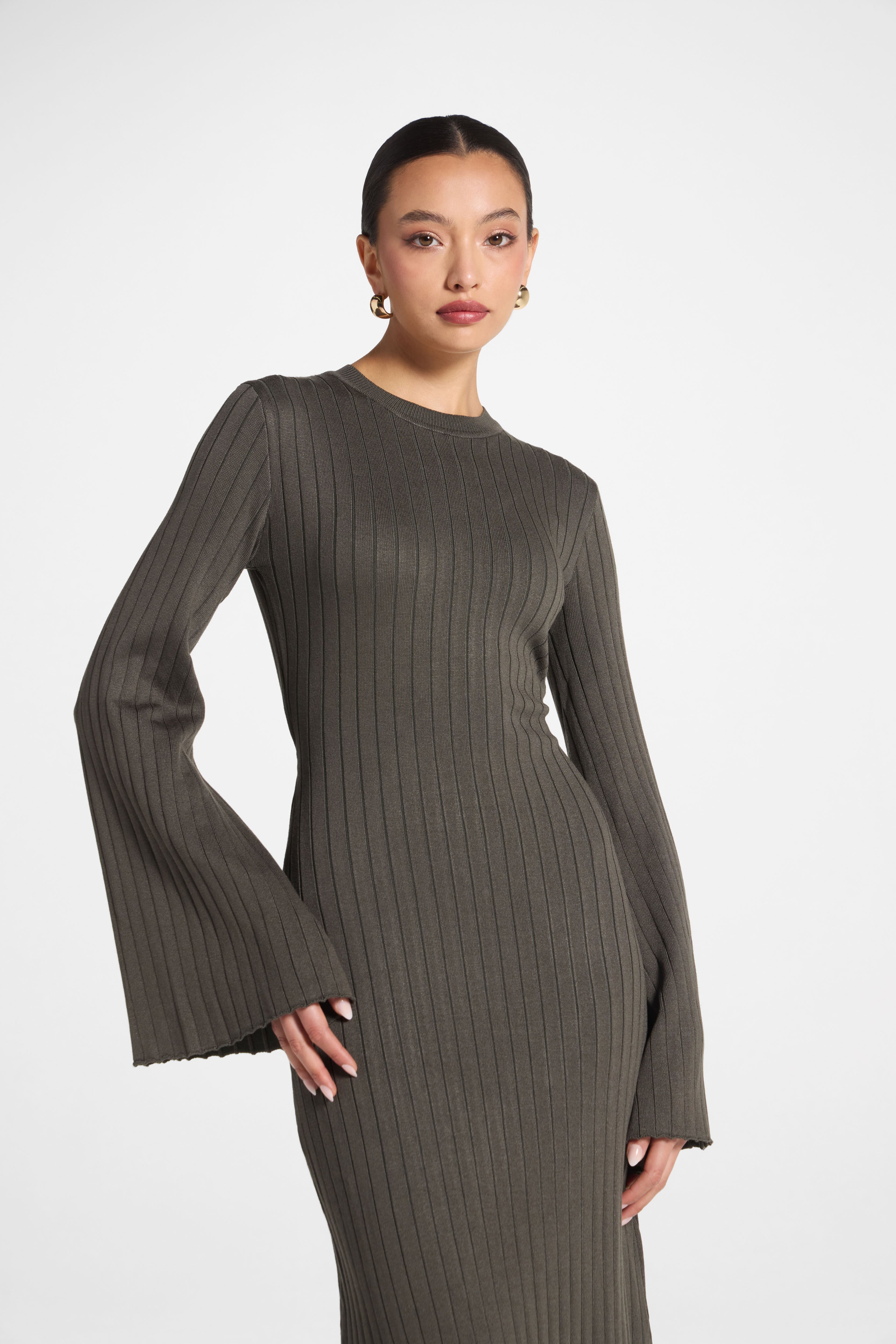 RIbbed Knit Maxi Dress - Dark Sage Abayas Veiled