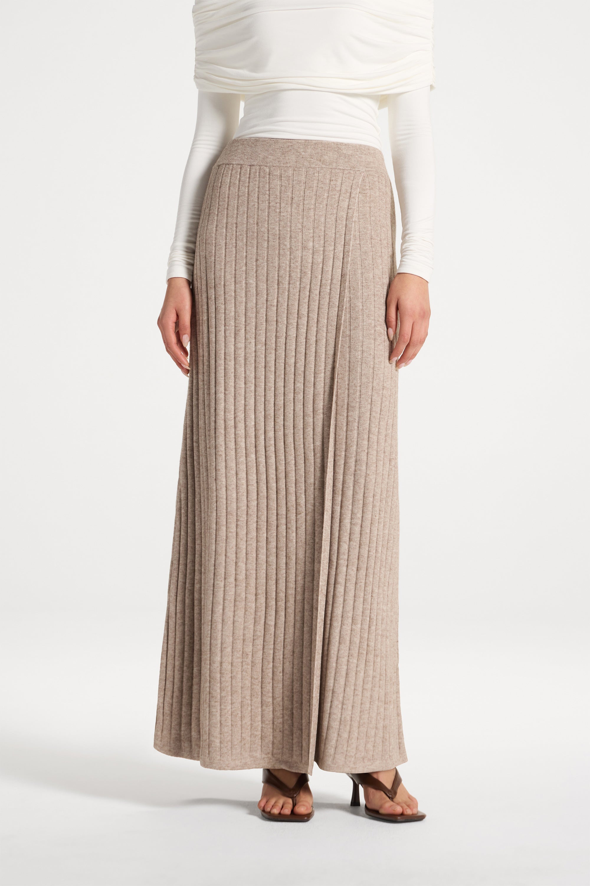 Ribbed Knit Wrap Skirt - Beige Abayas Veiled