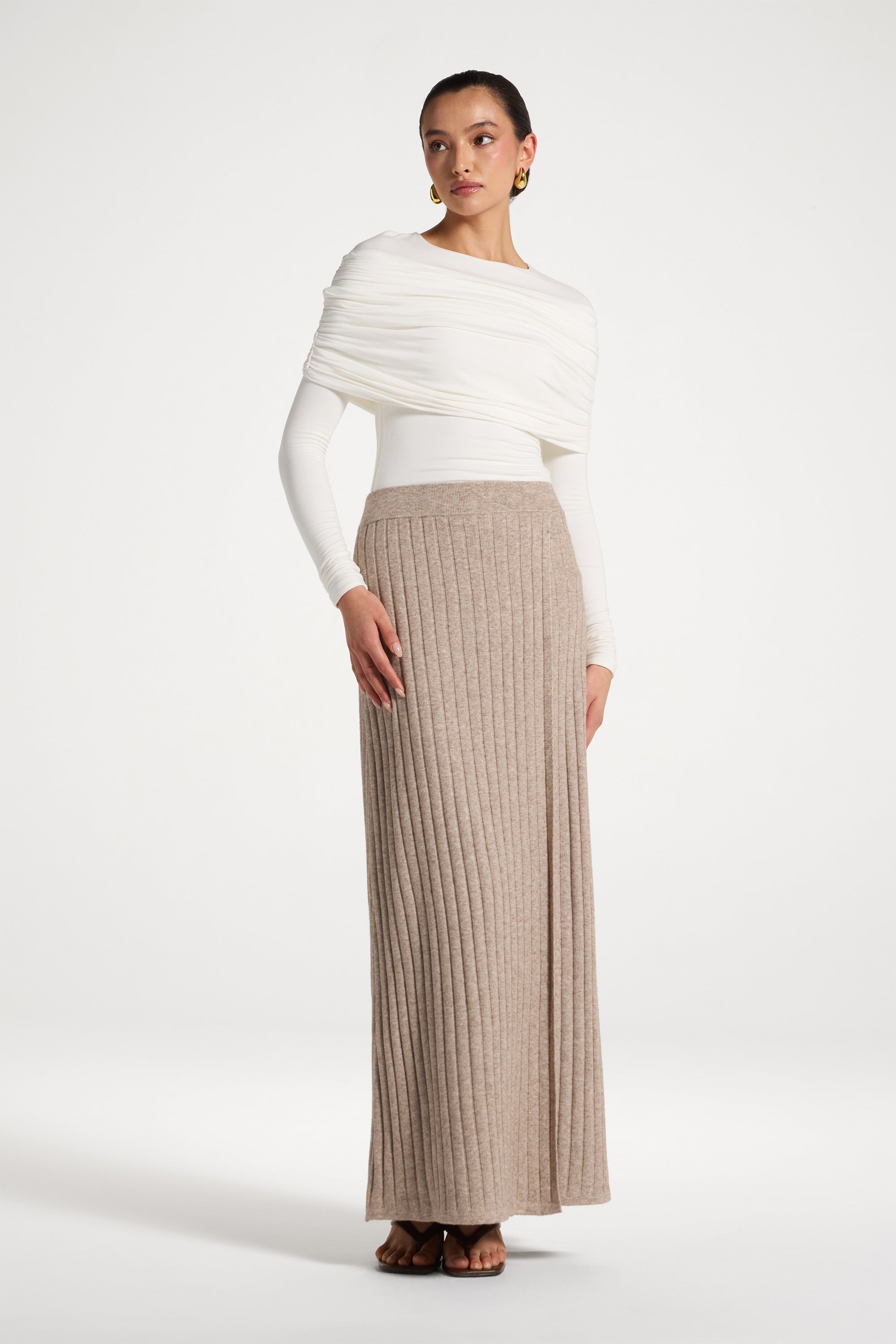 Ribbed Knit Wrap Skirt - Beige Abayas Veiled