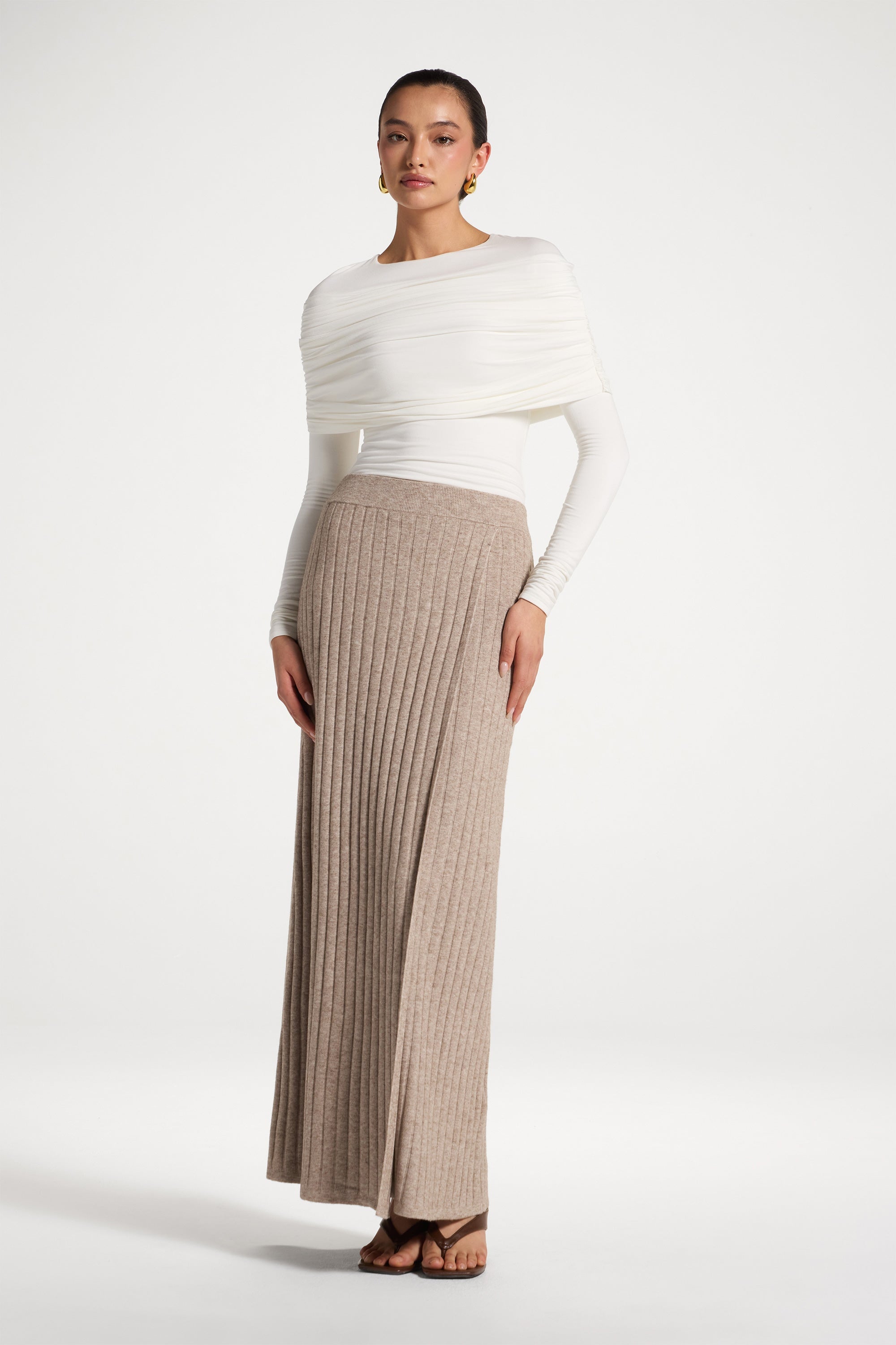 Ribbed Knit Wrap Skirt - Beige Abayas Veiled