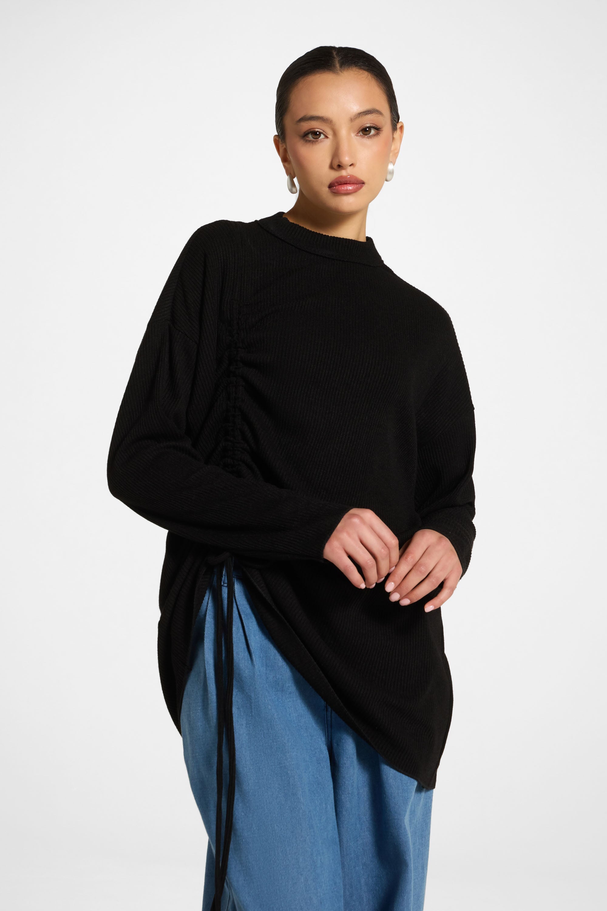 Rouched Knit Tunic - Black Abayas Veiled