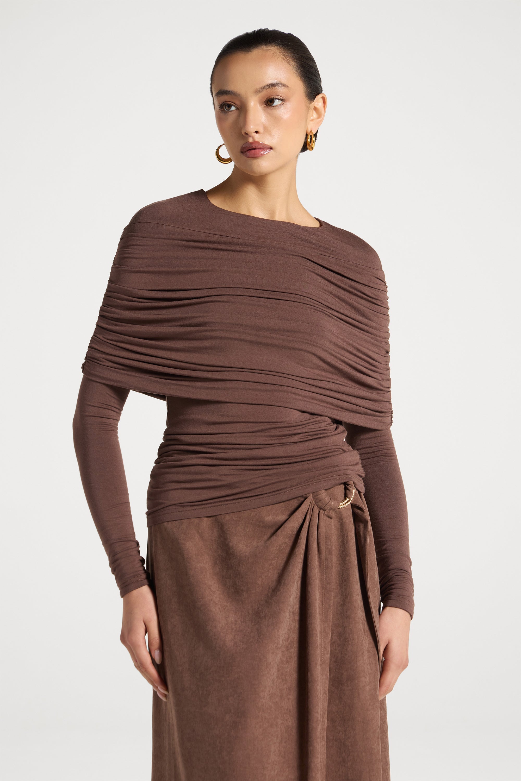 Rouched Shoulder Top - Chocolate Abayas Veiled