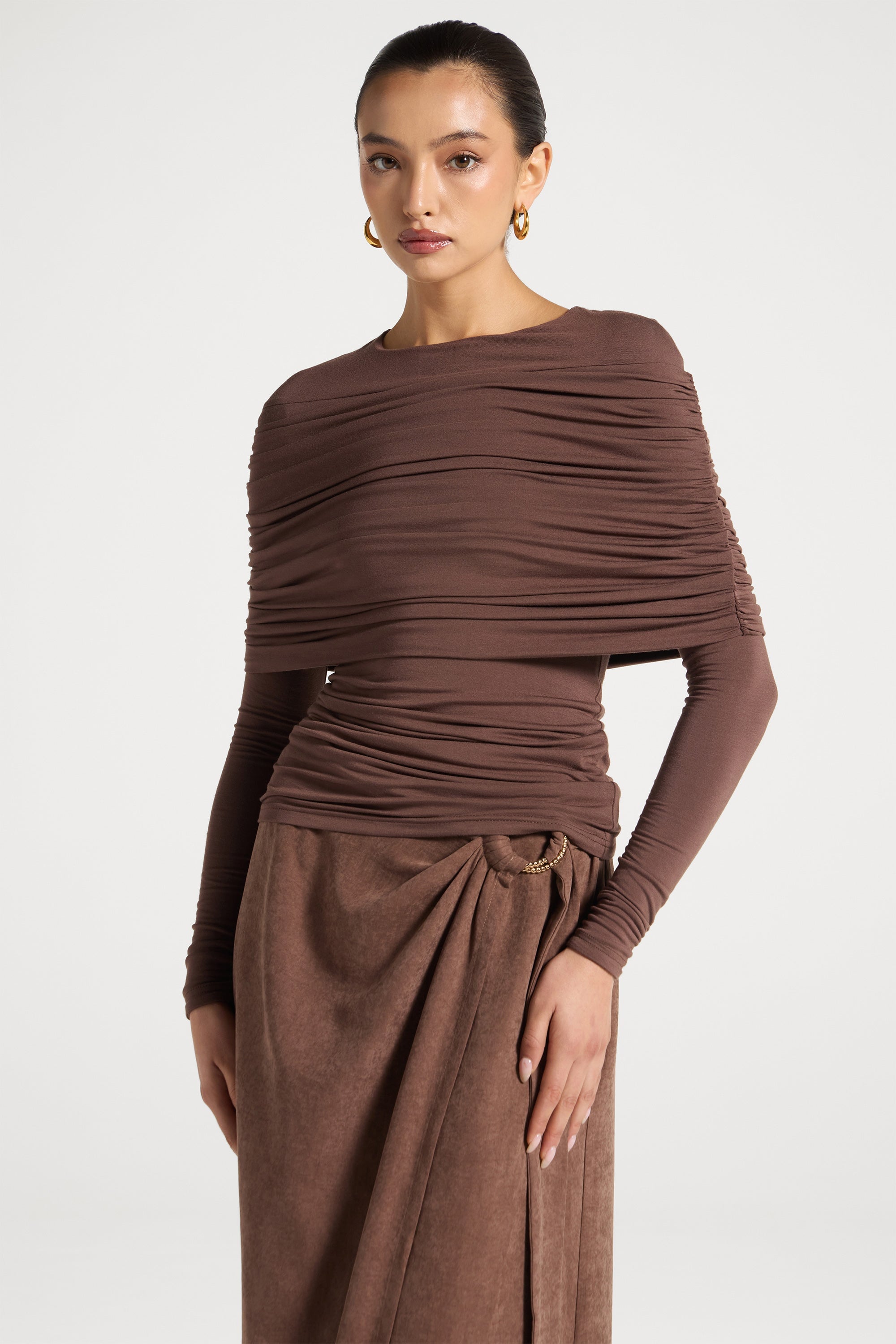 Rouched Shoulder Top - Chocolate Abayas Veiled