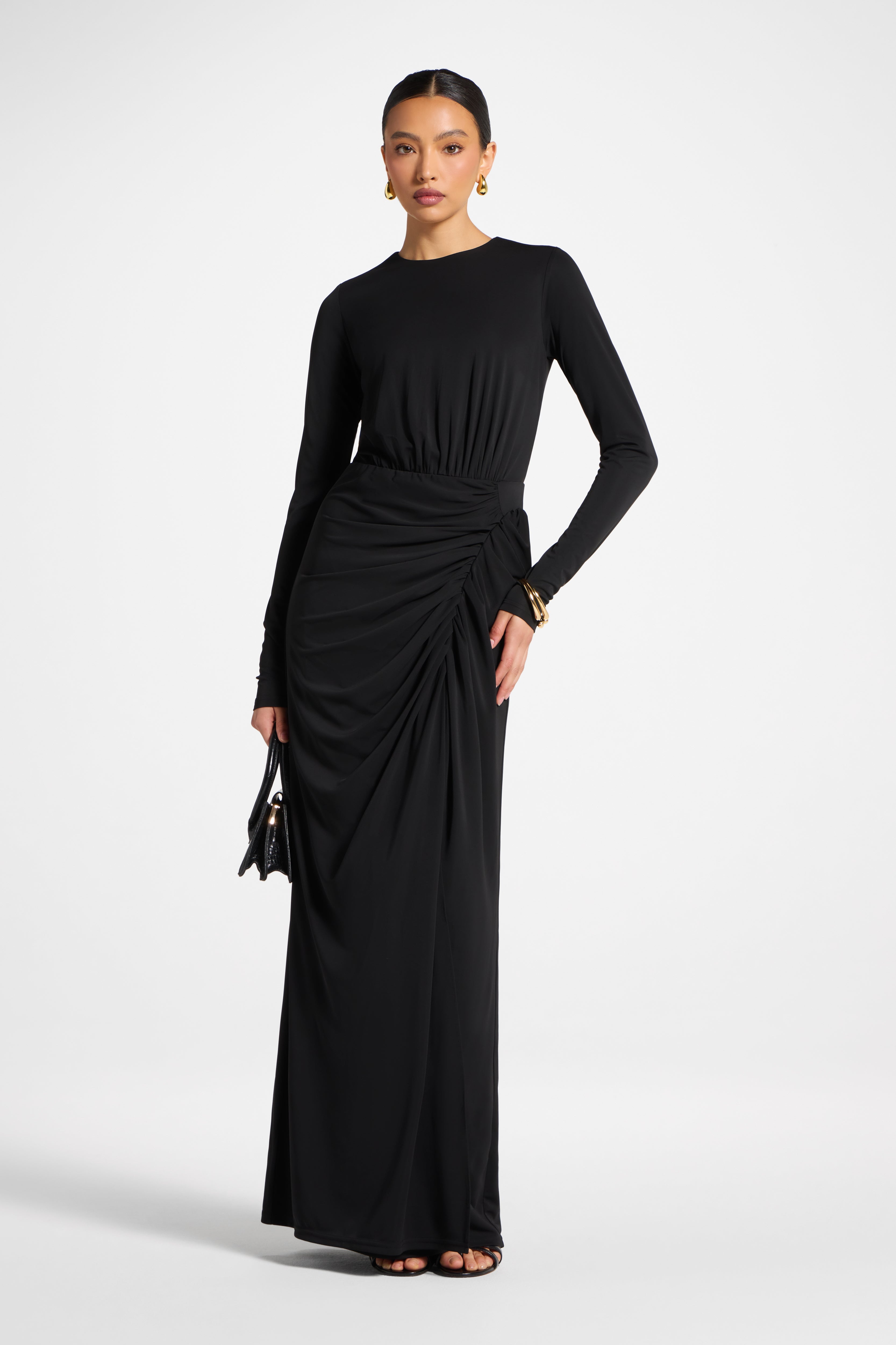 Rouched Wrap Maxi Dress - Black Abayas Veiled