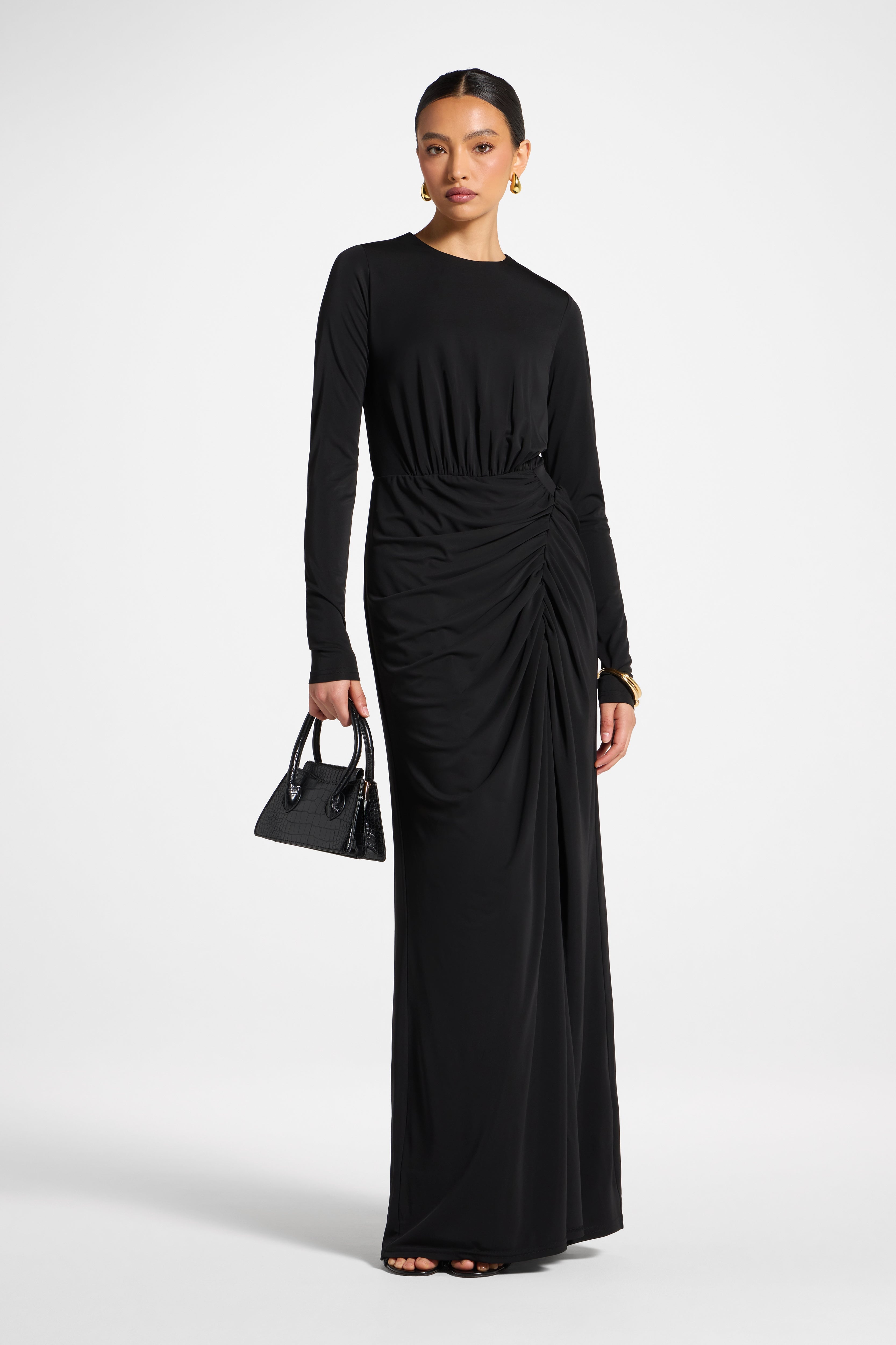 Rouched Wrap Maxi Dress - Black Abayas Veiled