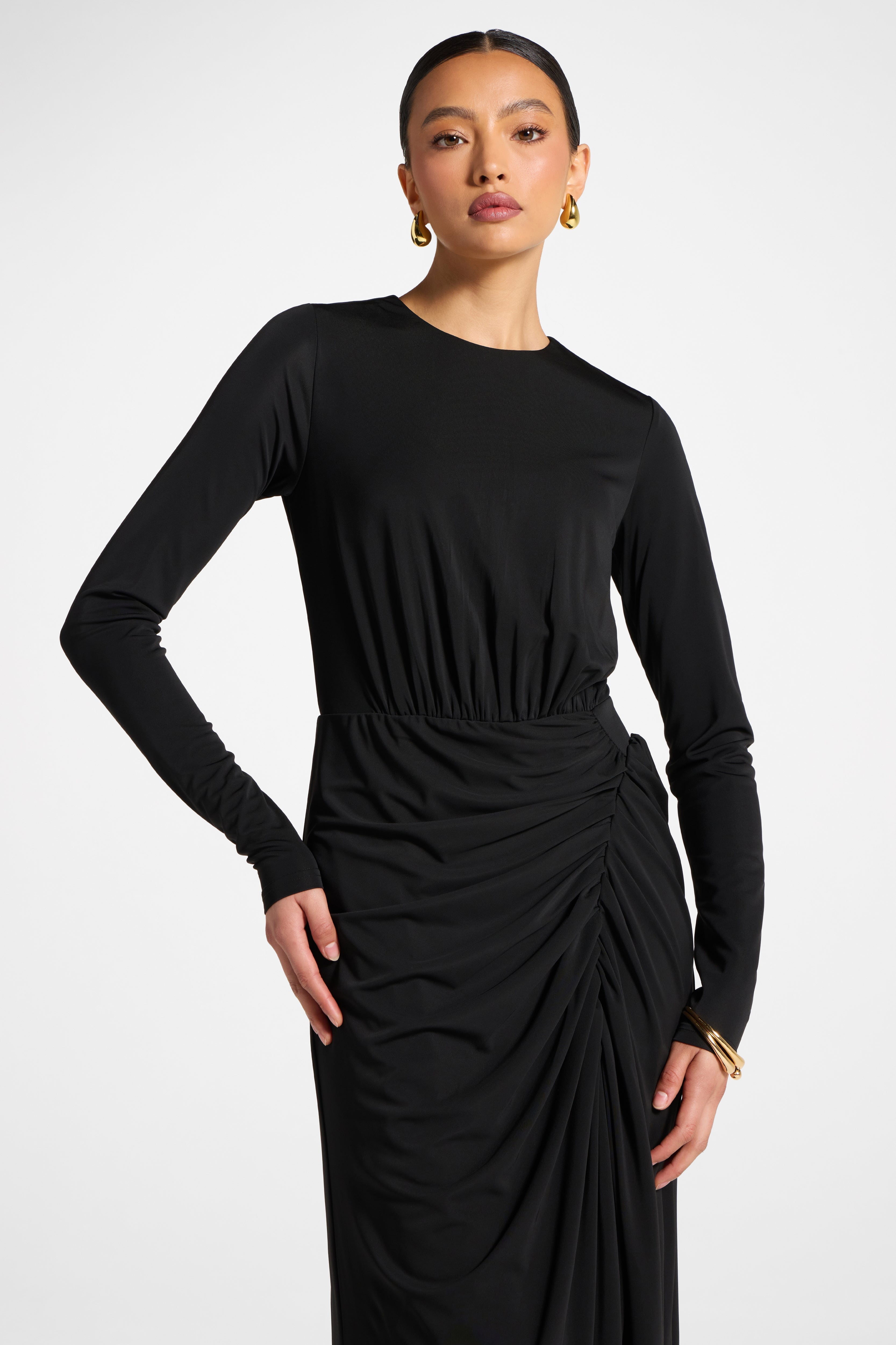 Rouched Wrap Maxi Dress - Black Abayas Veiled