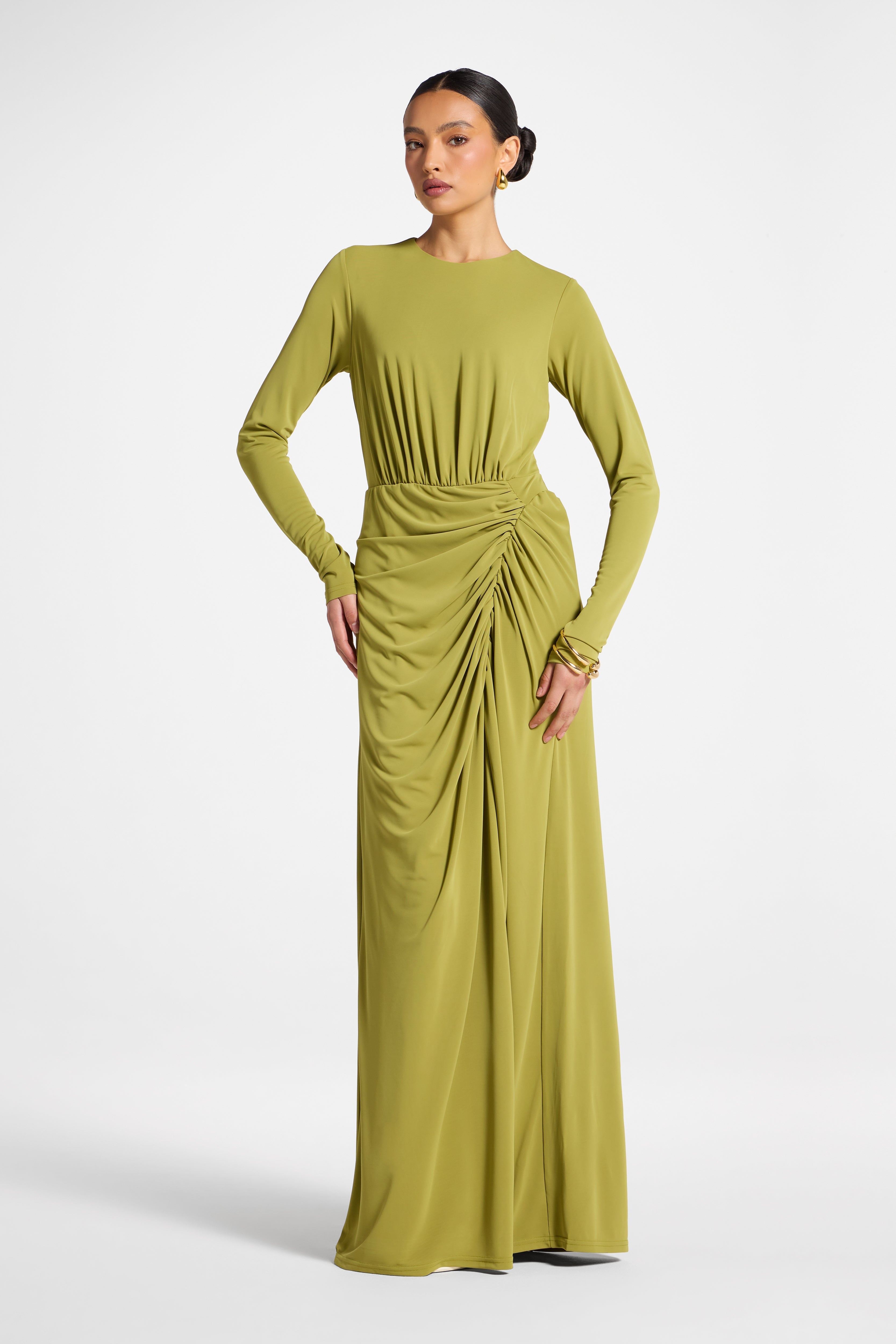 Rouched Wrap Maxi Dress - Evergreen Abayas Veiled