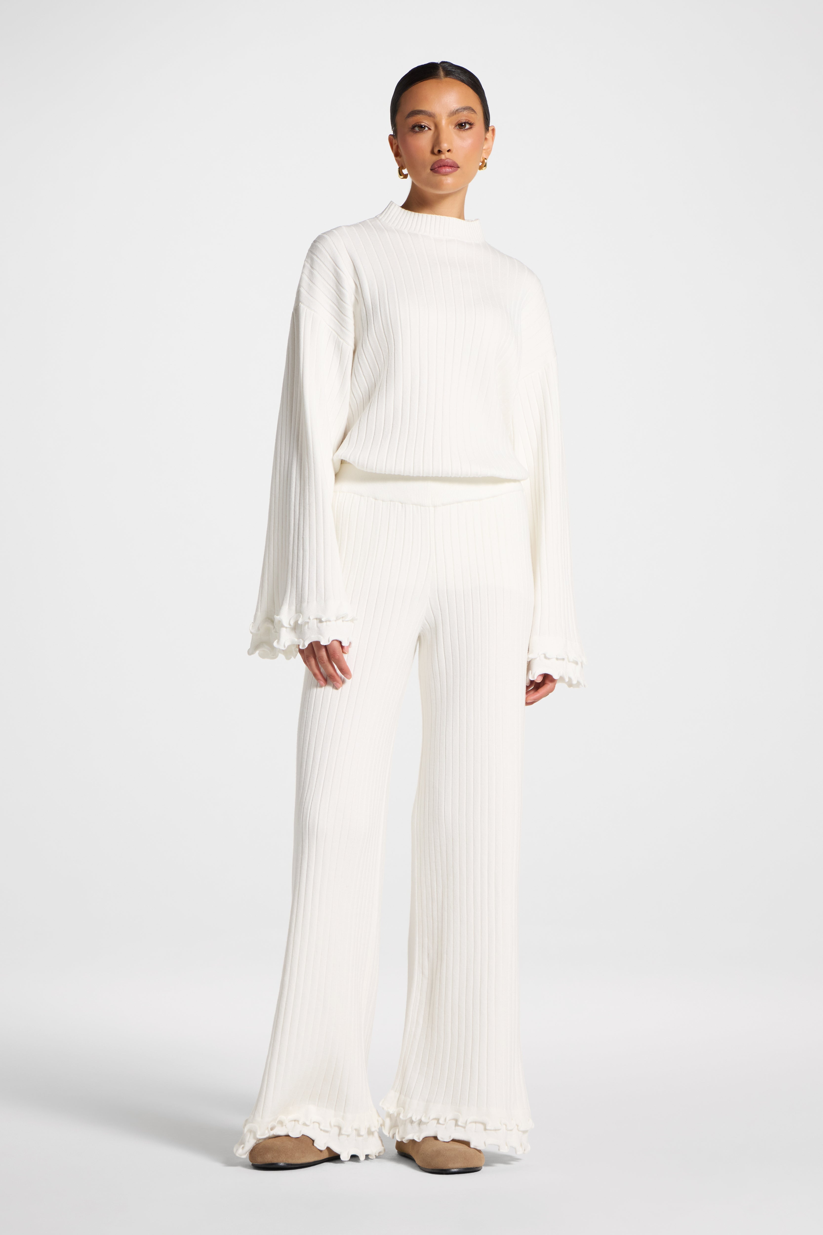 Ruffle Hem Knit Pants - White Abayas Veiled