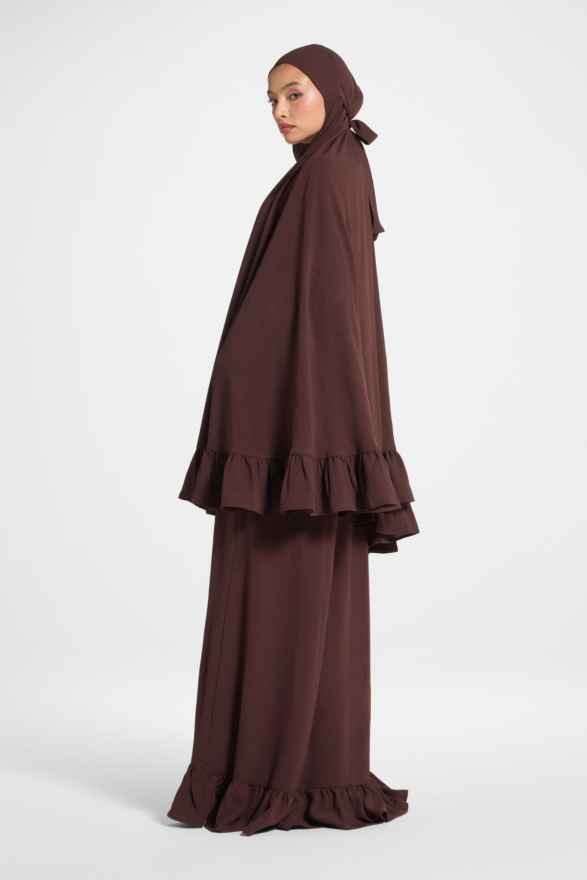 Ruffle Prayer Set - Chocolate Abayas Veiled
