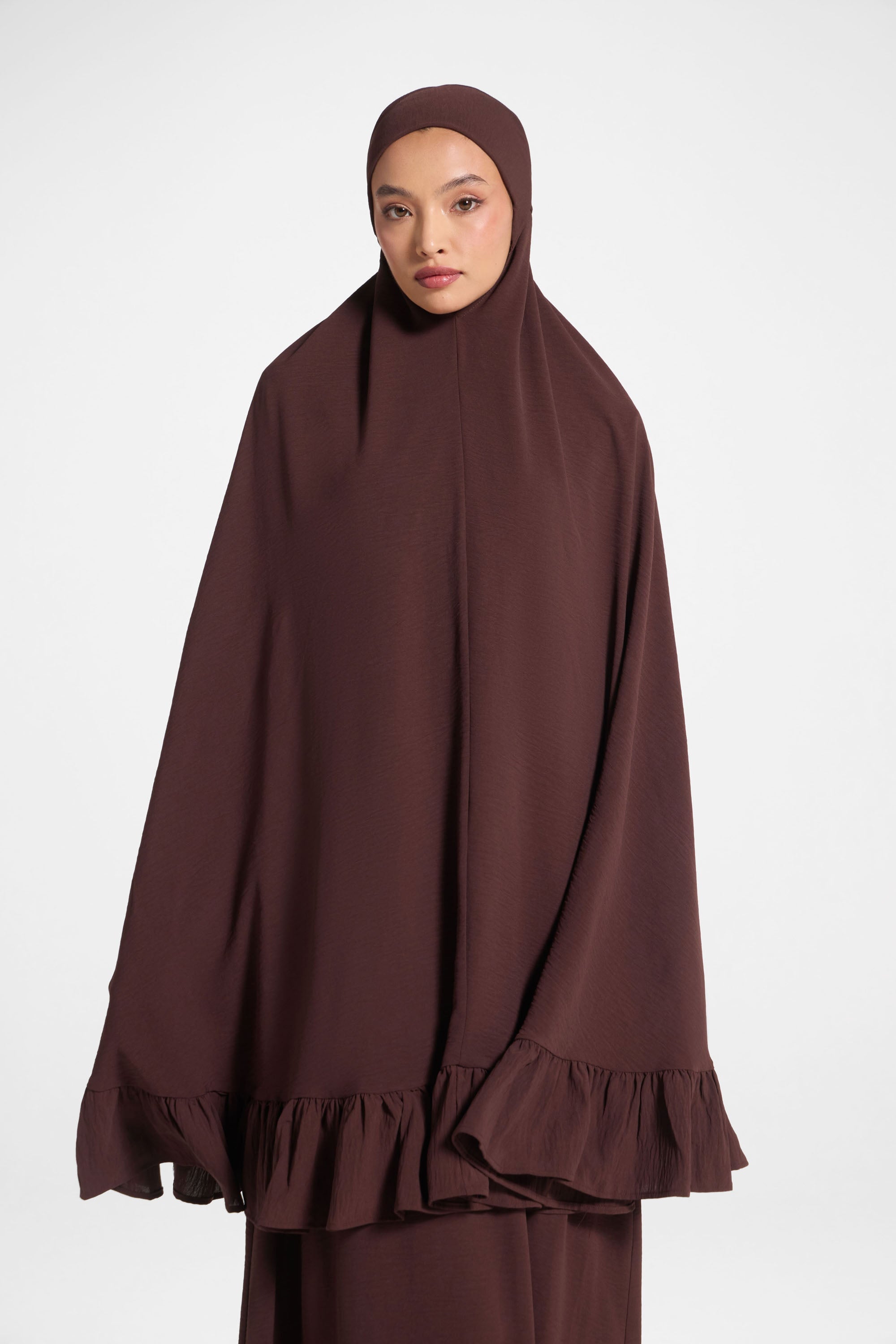 Ruffle Prayer Set - Chocolate Abayas Veiled