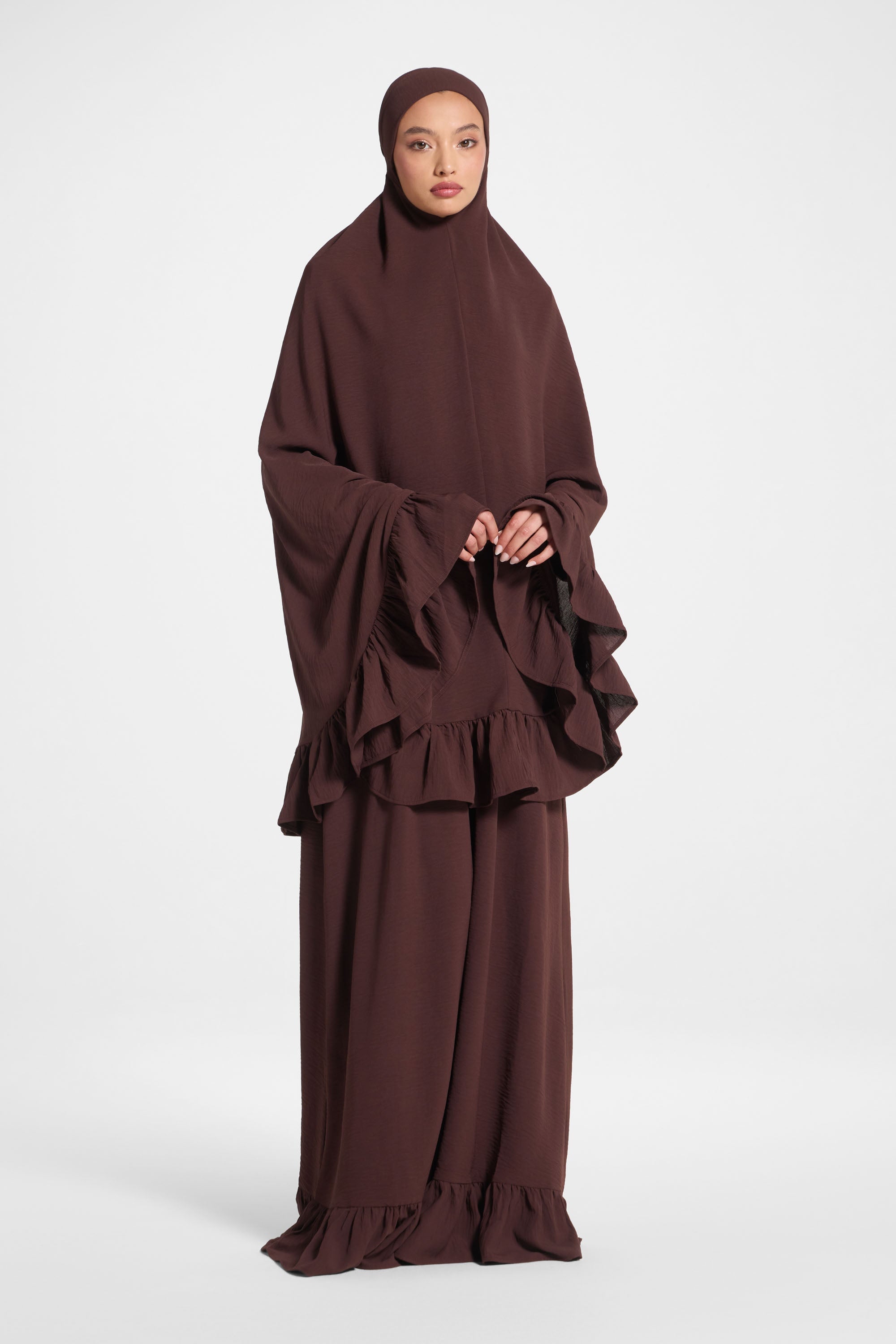 Ruffle Prayer Set - Chocolate Abayas Veiled