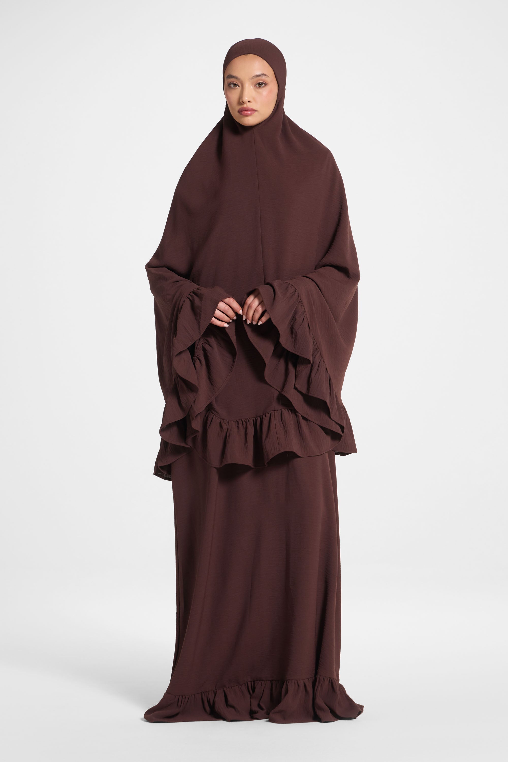 Ruffle Prayer Set - Chocolate Abayas Veiled