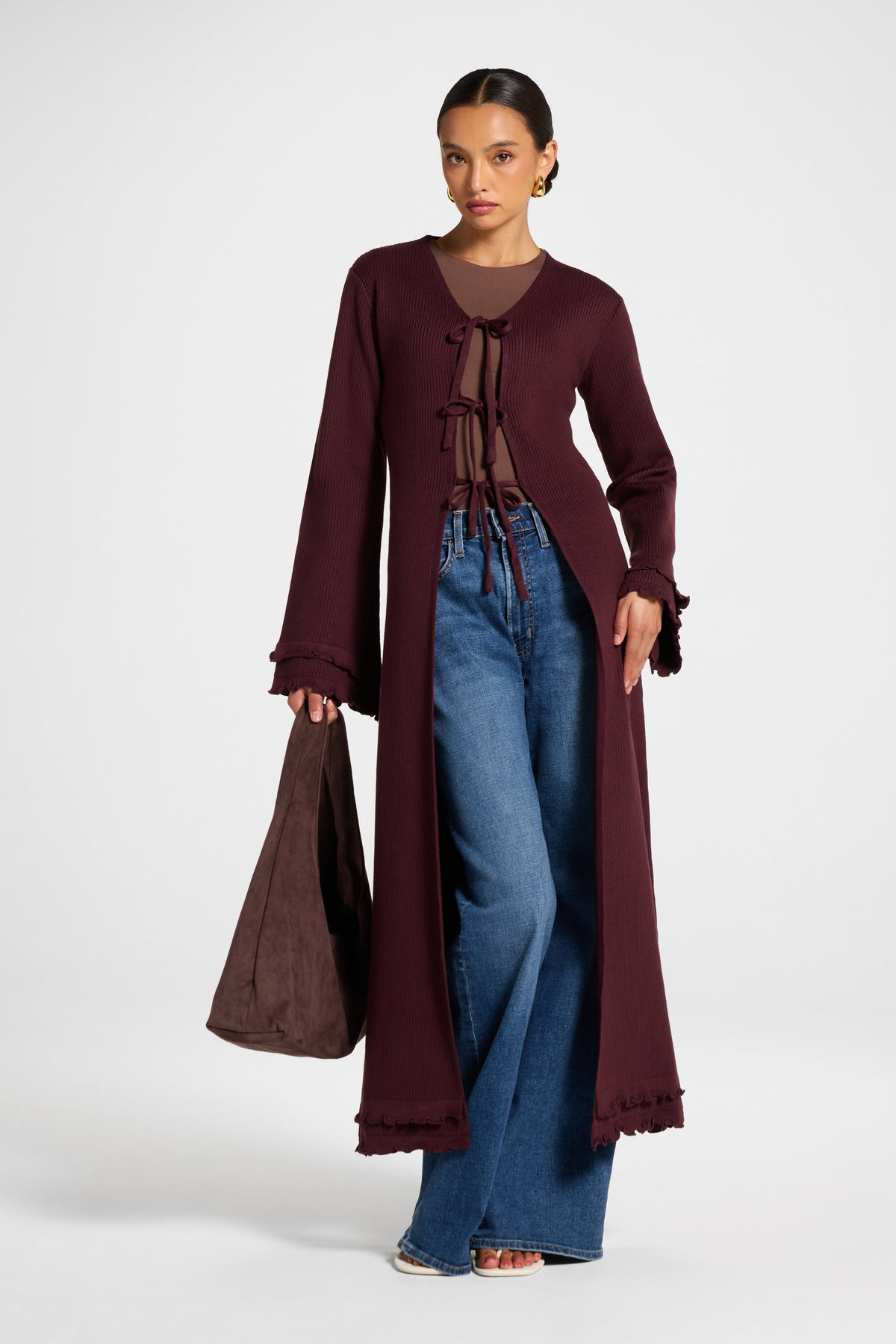 Ruffle Sleeve Knit Cardigan - Chocolate Truffle Veiled