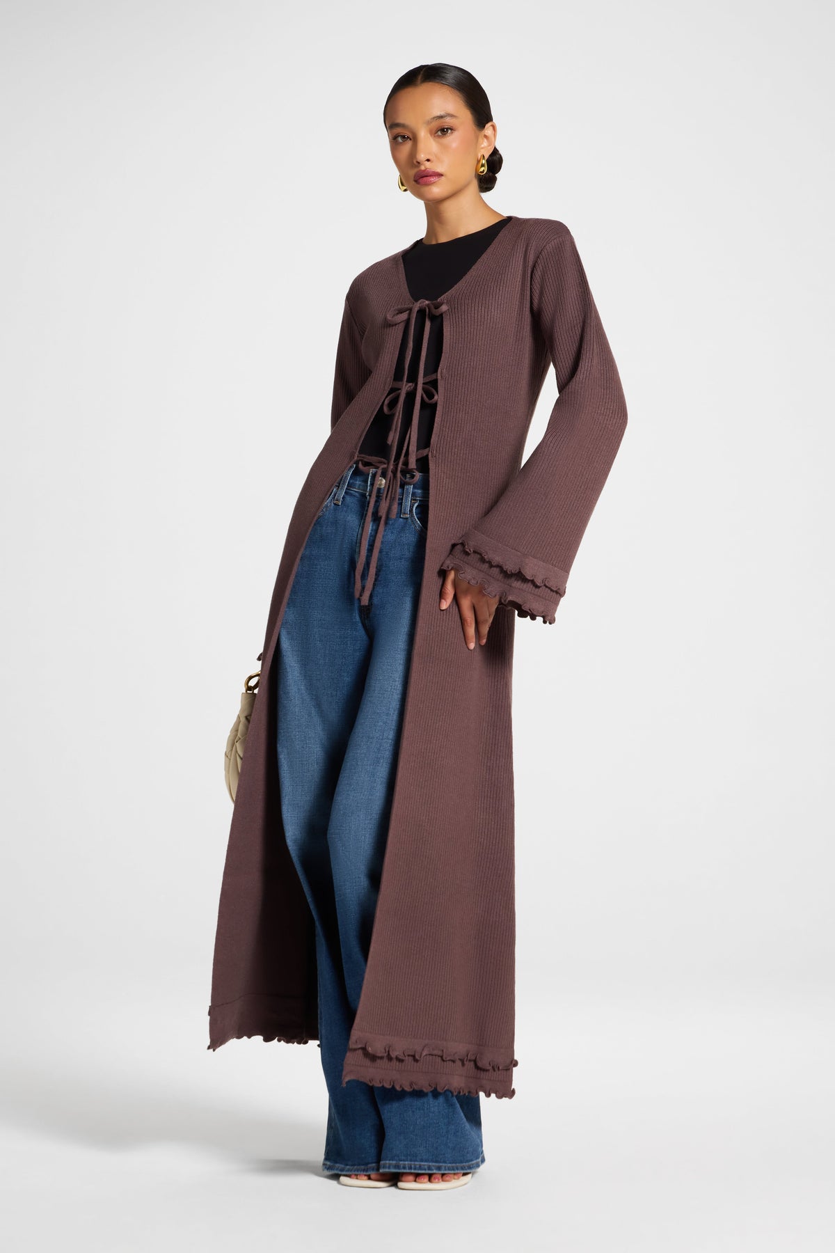 Ruffle Sleeve Knit Cardigan - Peppercorn Veiled