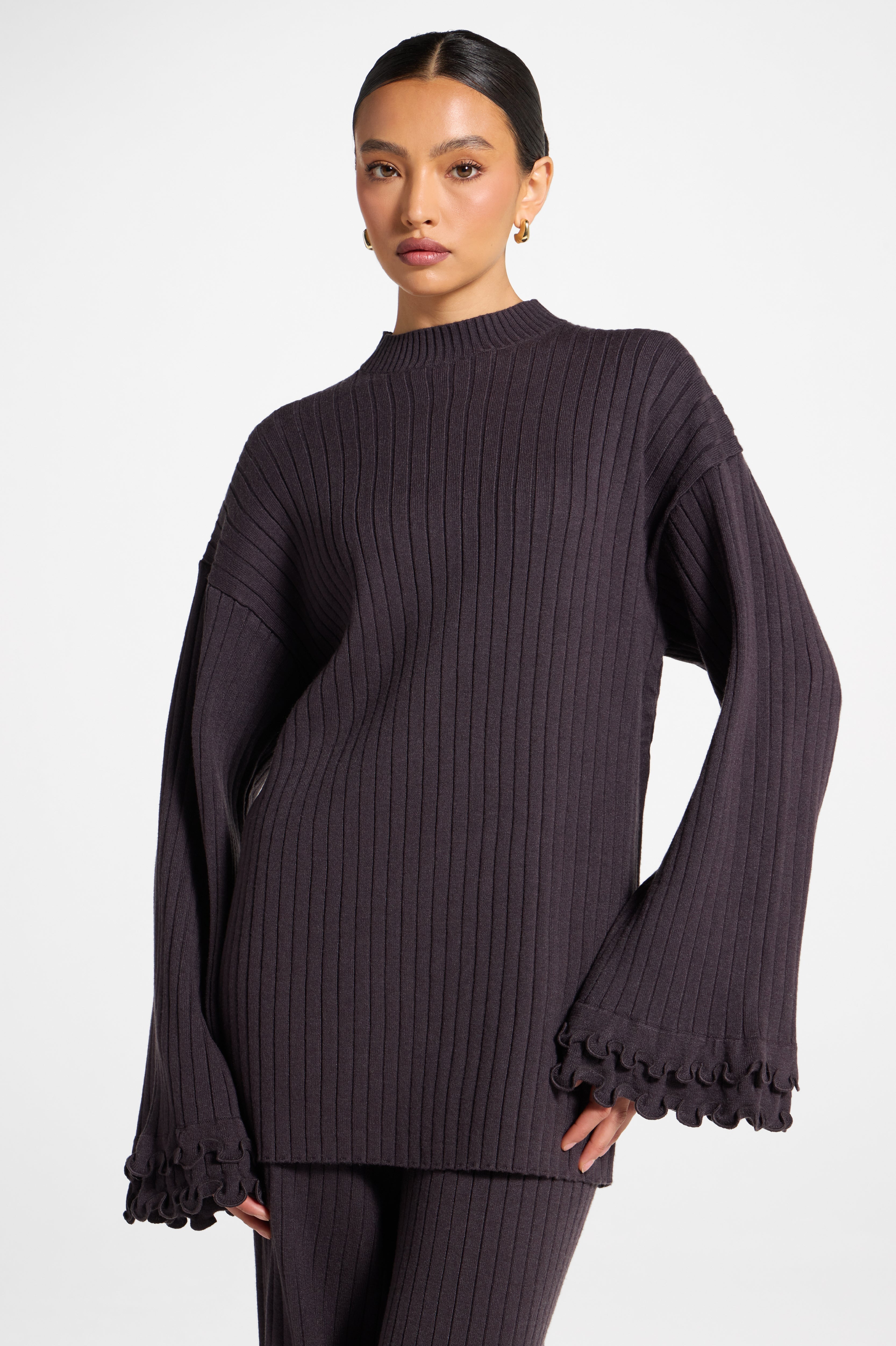 Ruffle Sleeve Knit Top - Peppercorn Abayas Veiled