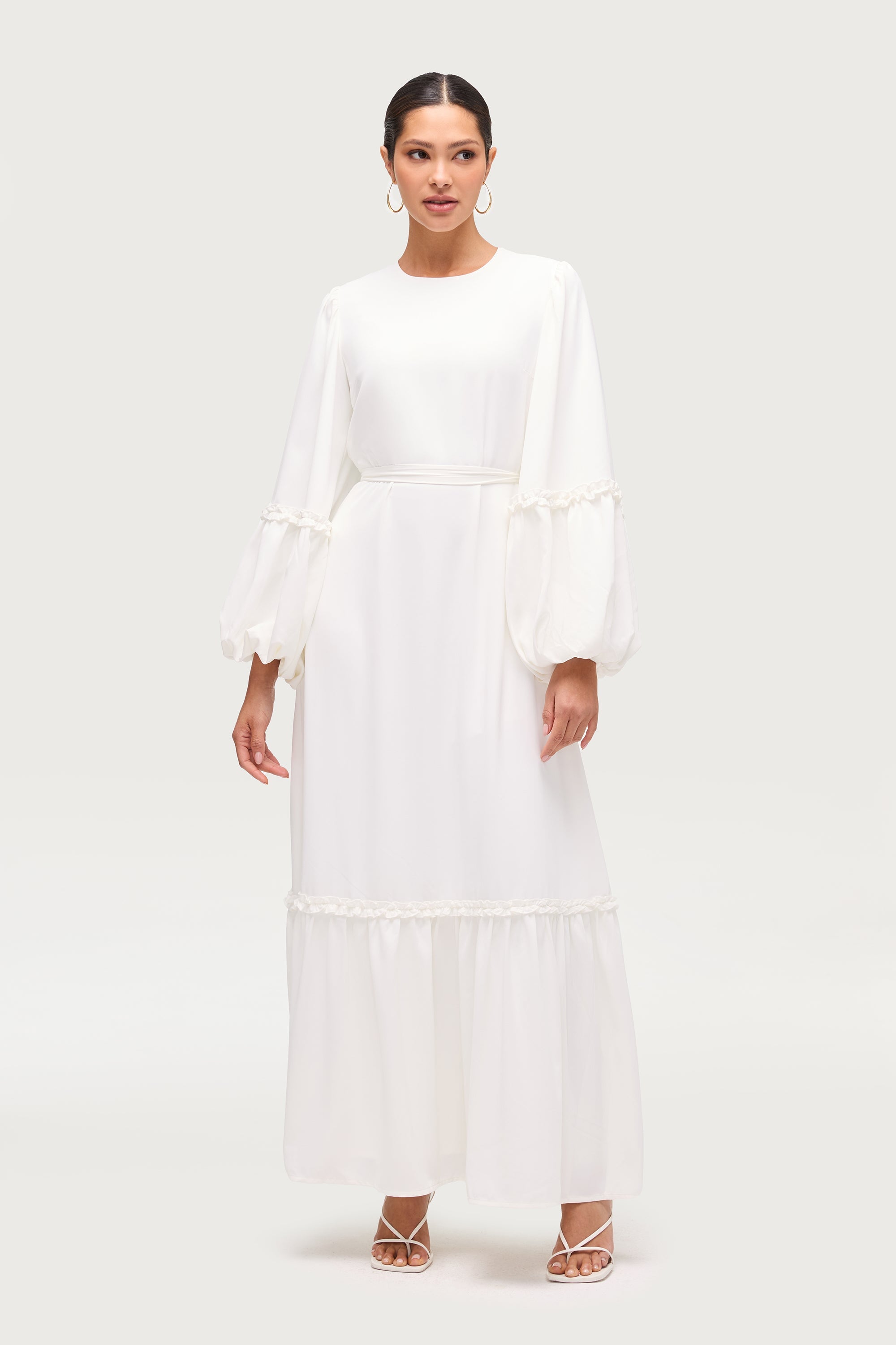Ruffle Trim Balloon Sleeve Maxi Dress - White Dresses Veiled