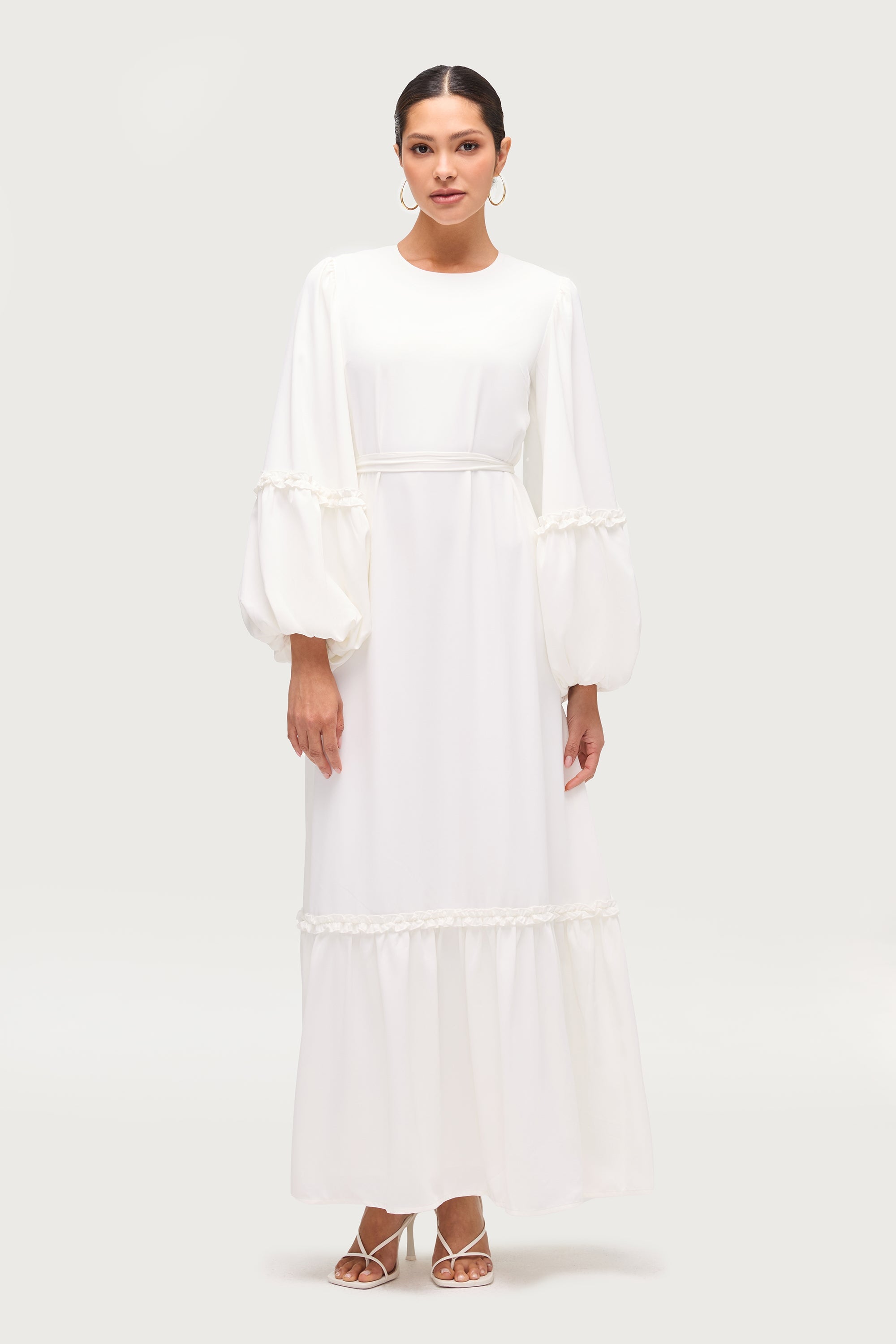 Ruffle Trim Balloon Sleeve Maxi Dress - White Dresses Veiled
