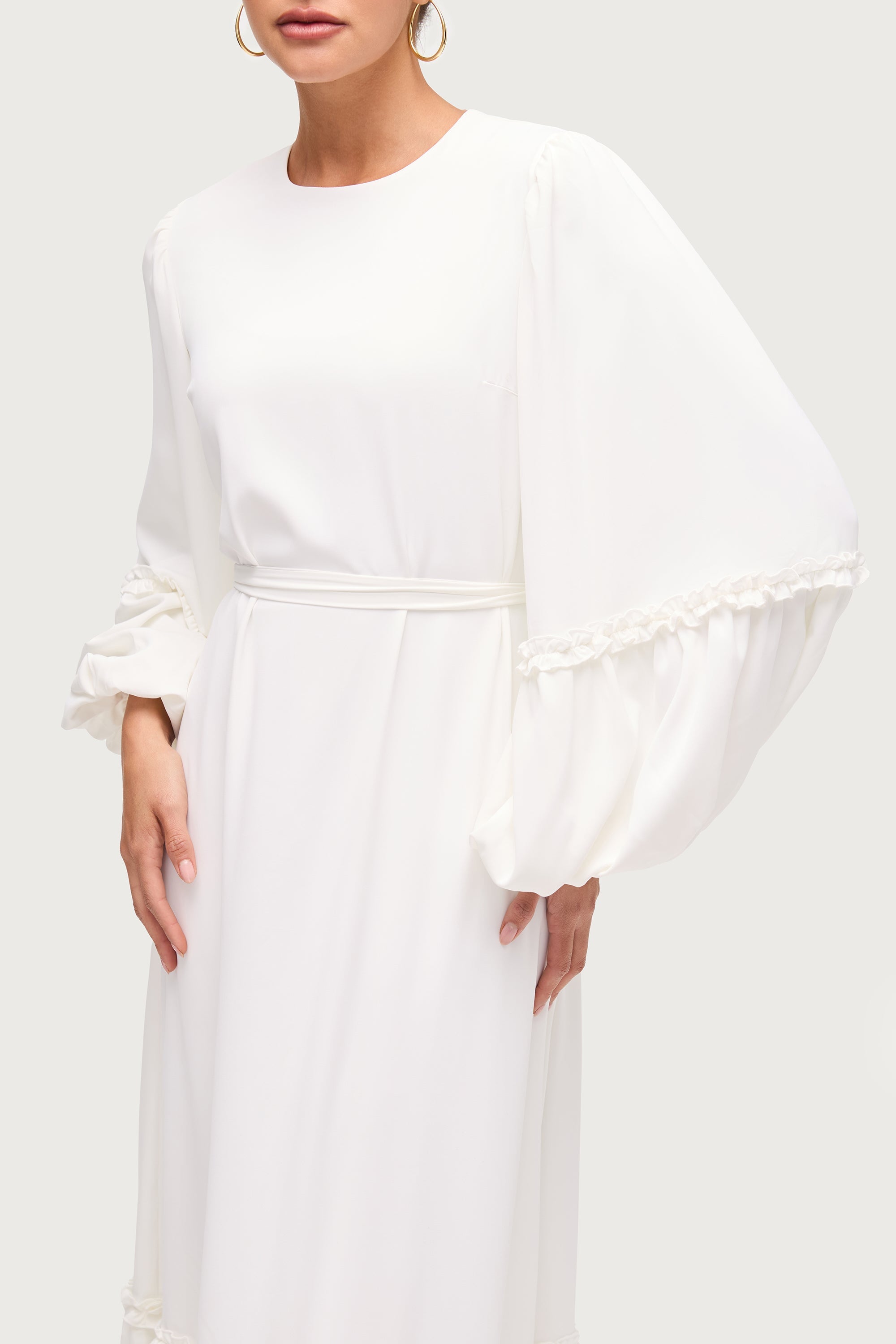 Ruffle Trim Balloon Sleeve Maxi Dress - White Dresses Veiled