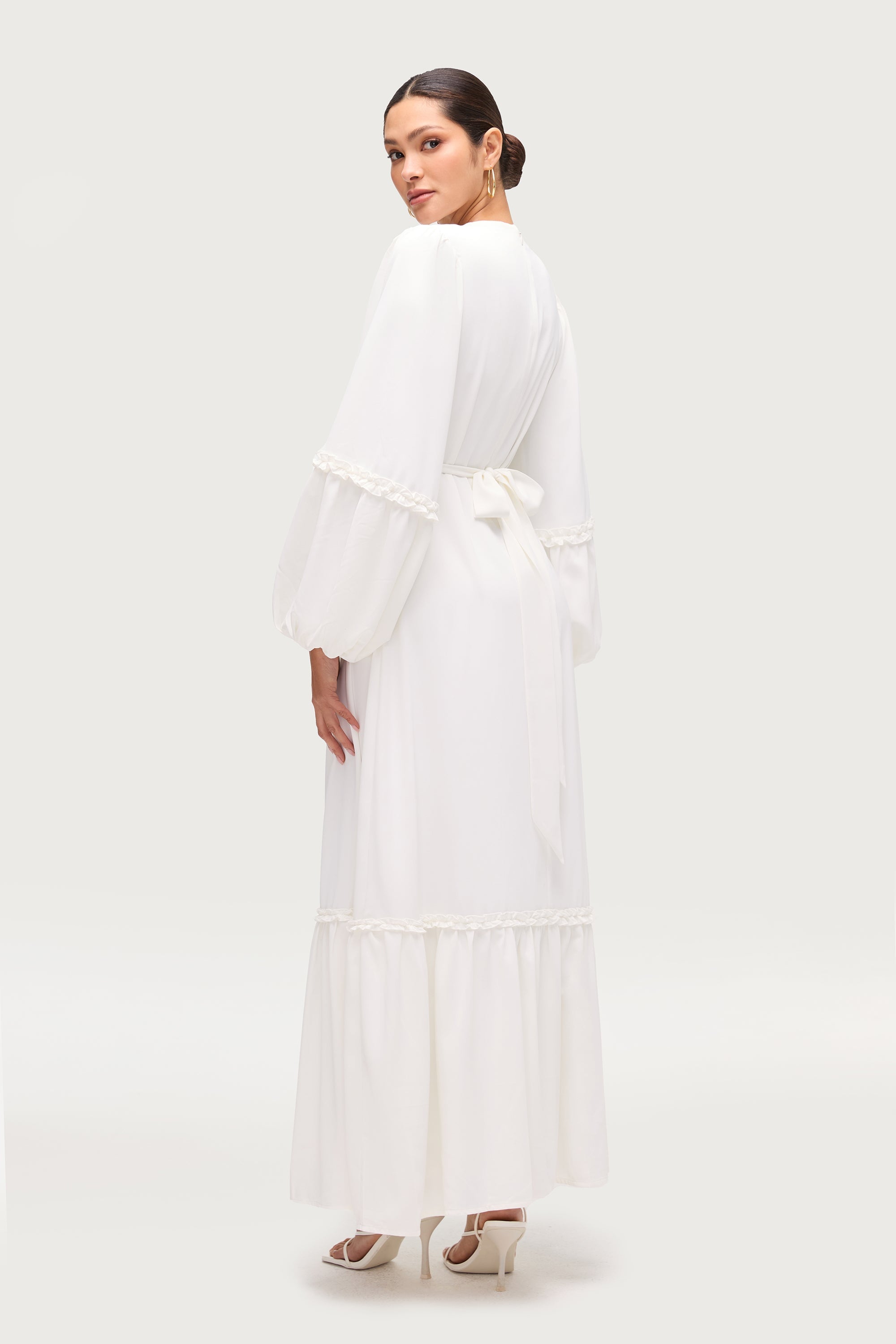 Ruffle Trim Balloon Sleeve Maxi Dress - White Dresses Veiled