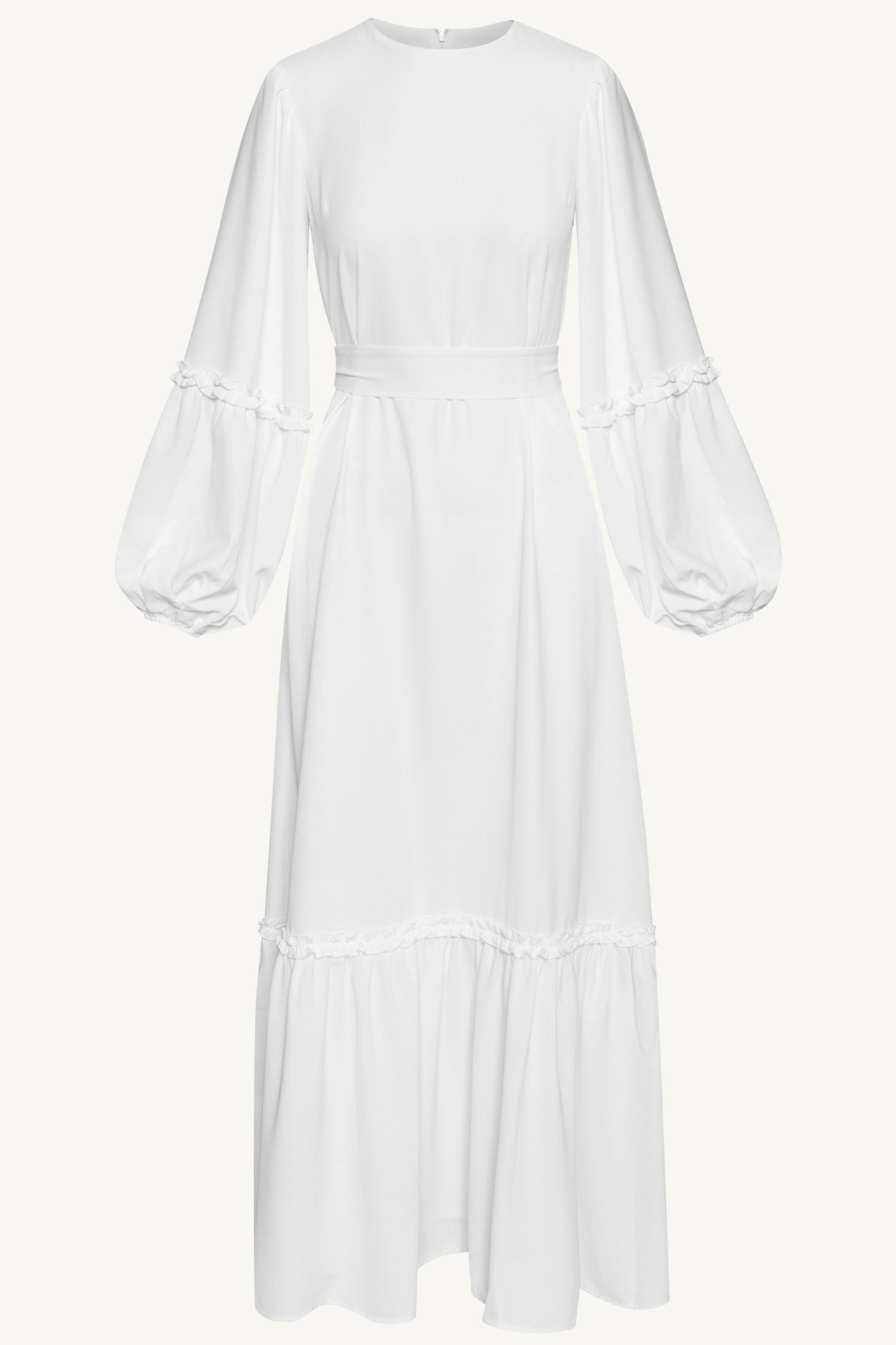 Ruffle Trim Balloon Sleeve Maxi Dress - White Dresses Veiled