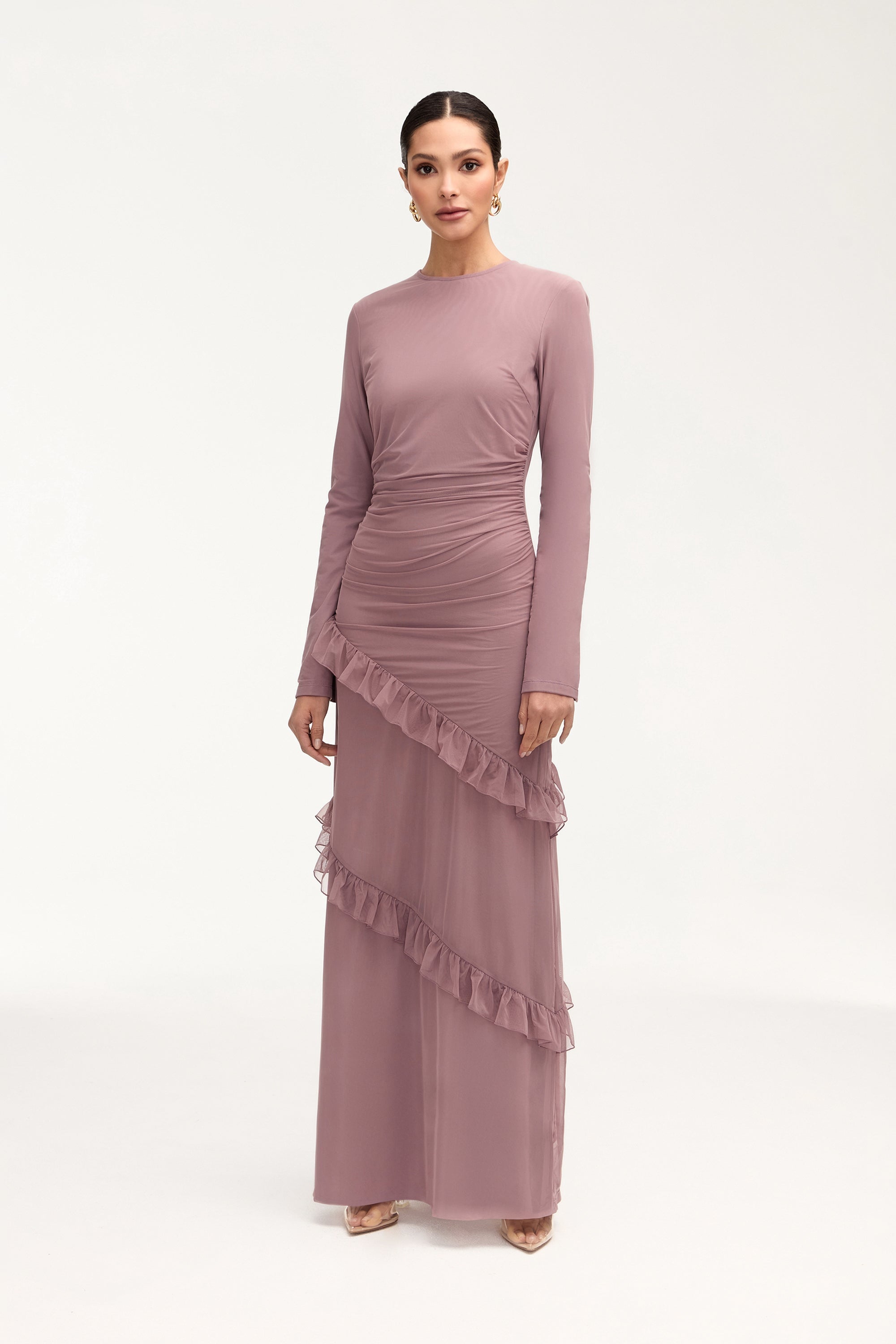 Sabrina Waterfall Mesh Maxi Dress - Twilight Mauve Clothing Veiled