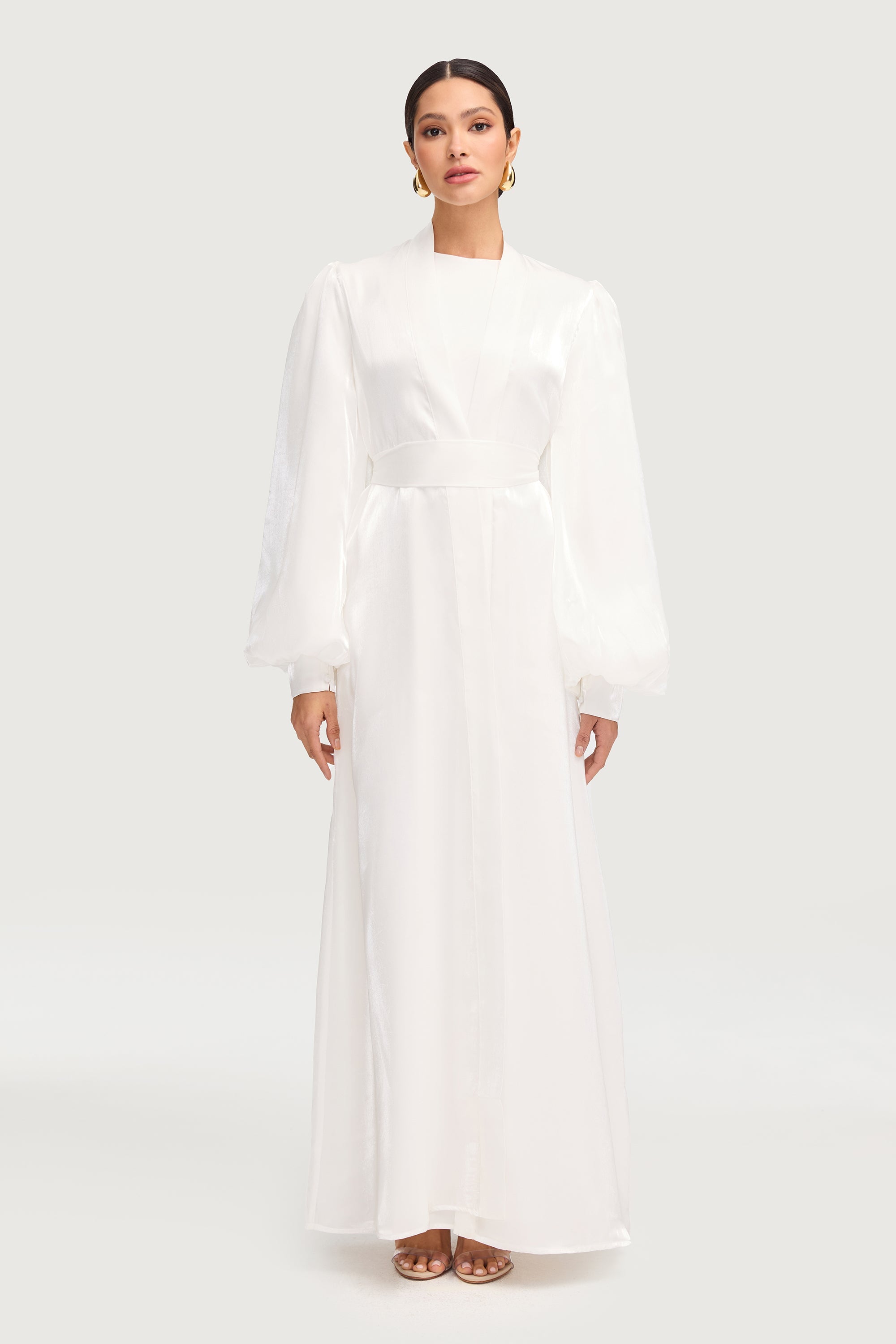 Safaa Two Piece Dress & Abaya Set - White S / 58" Safaa Two Piece Dress & Abaya Set - White S / 58"
