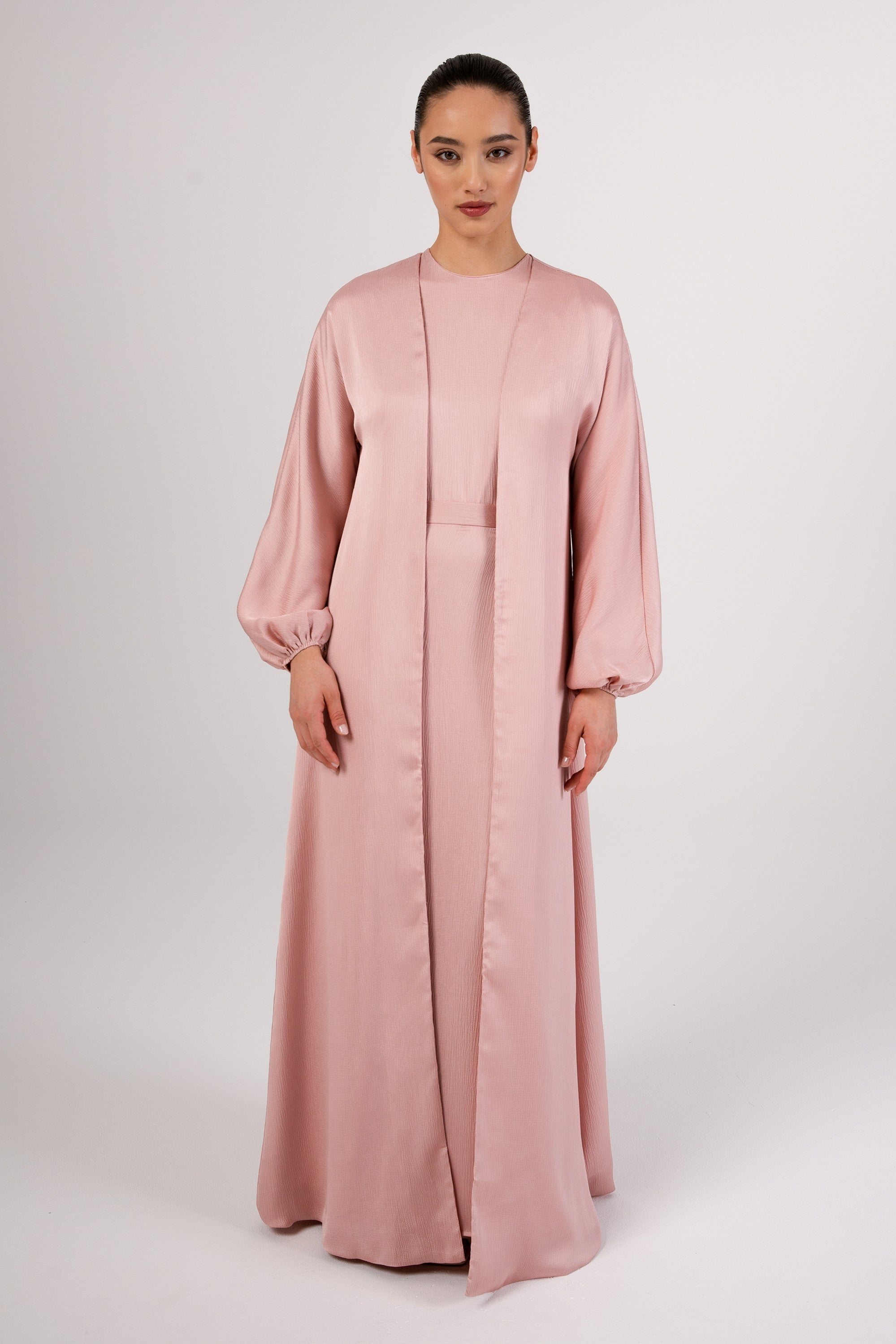 Salma Three Piece Abaya - Dusty Pink Abayas Veiled 