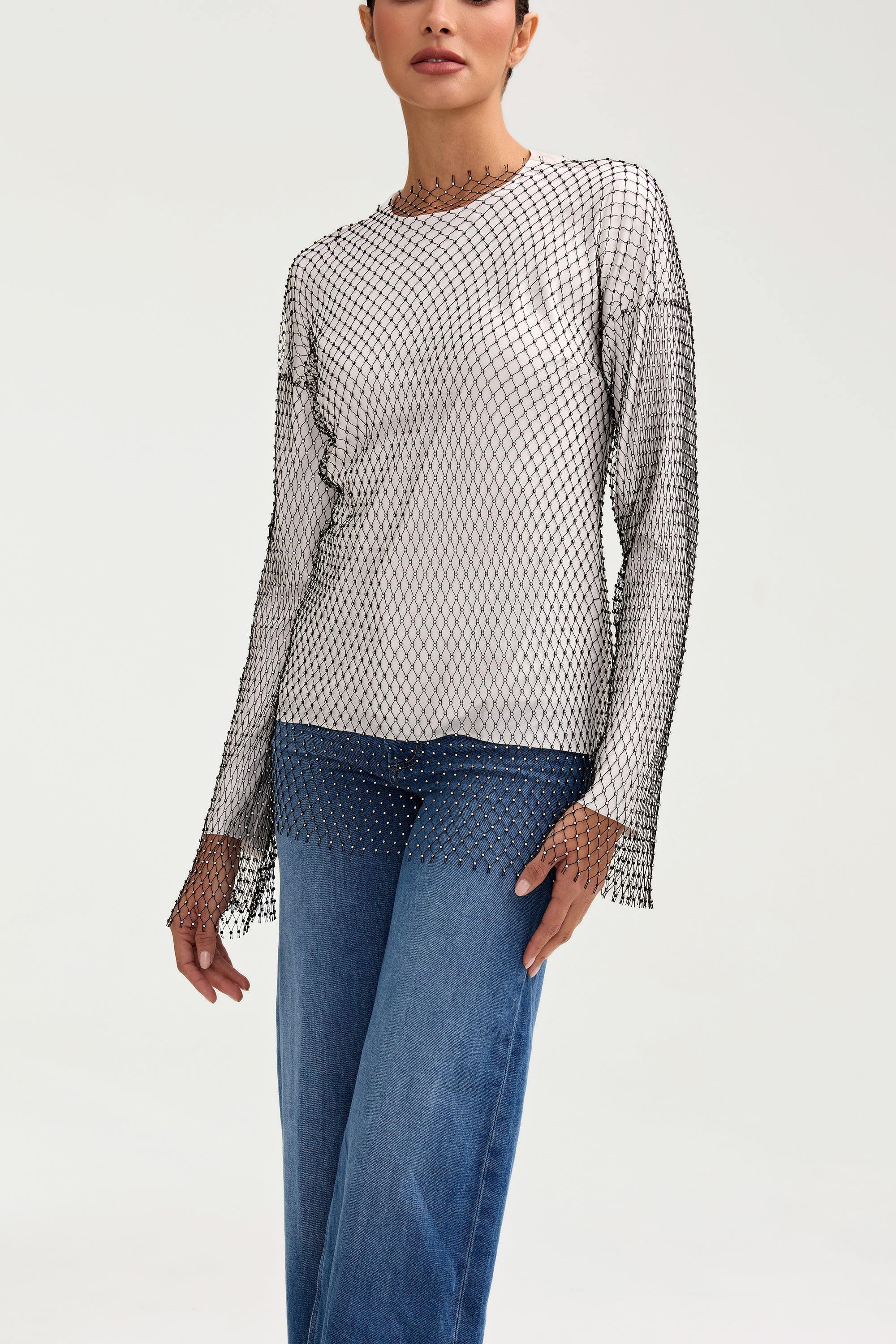 Sania Crystal Mesh Satin Top - White Clothing Veiled