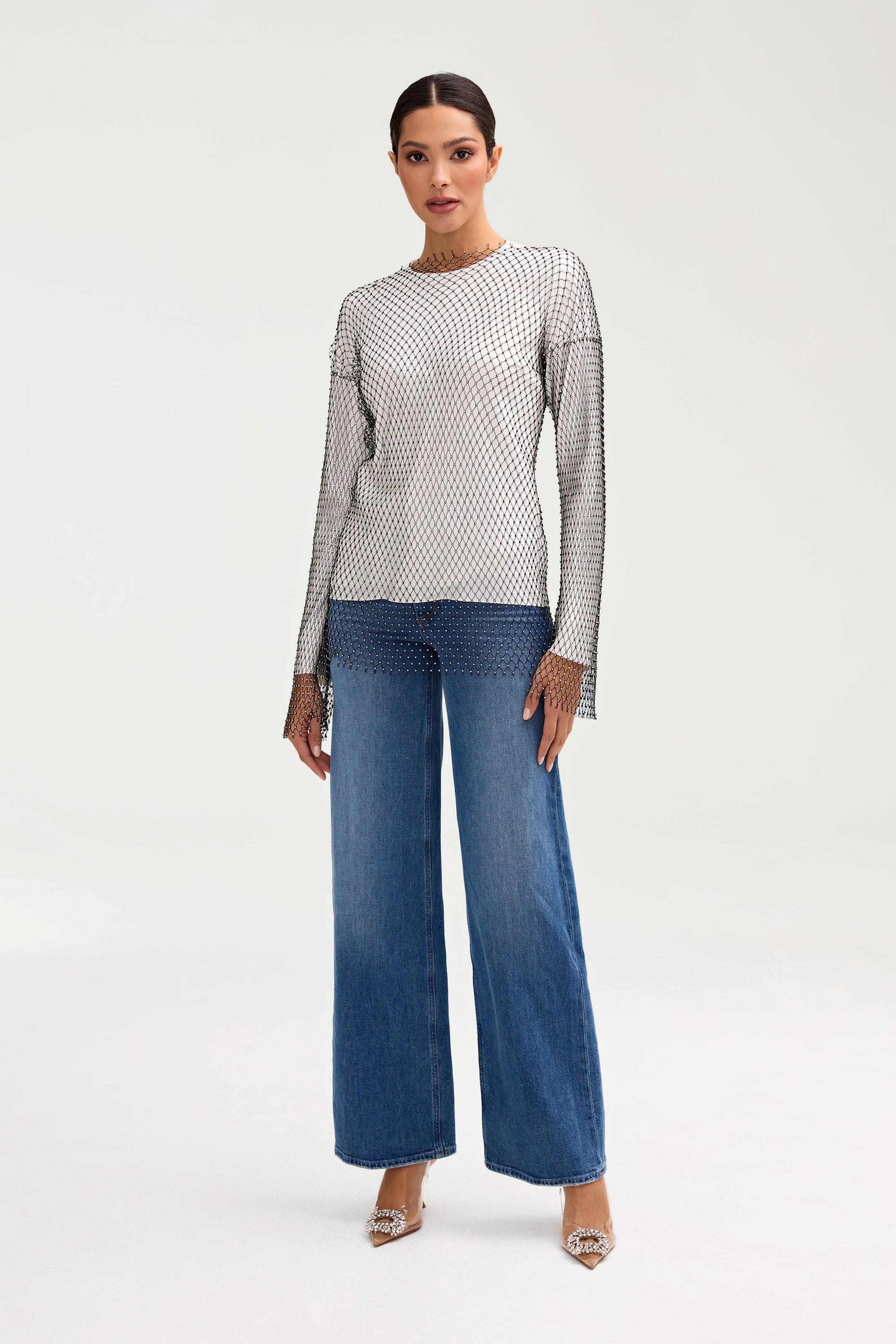 Sania Crystal Mesh Satin Top - White Clothing Veiled