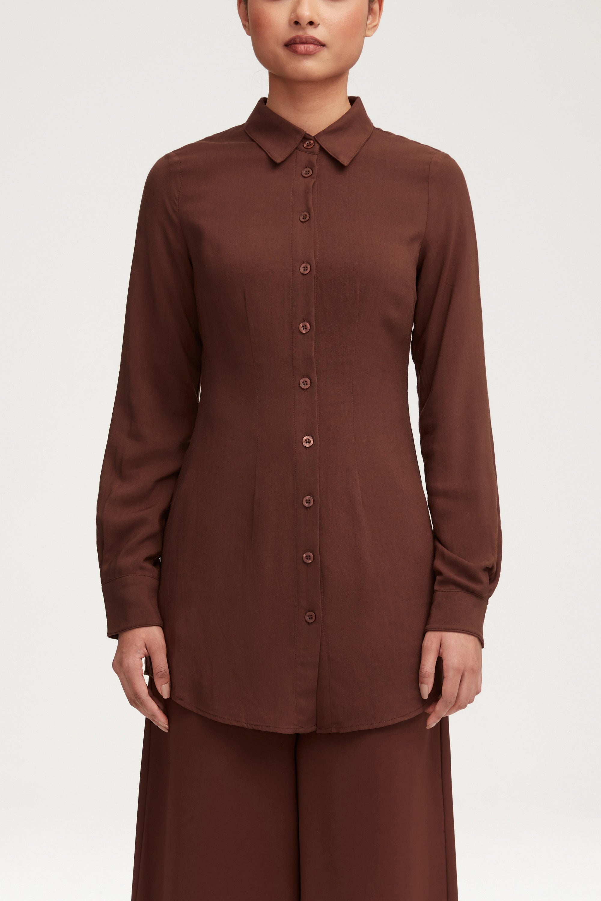 Sarah Fitted Button Down Top - Dark Brown Clothing epschoolboard 