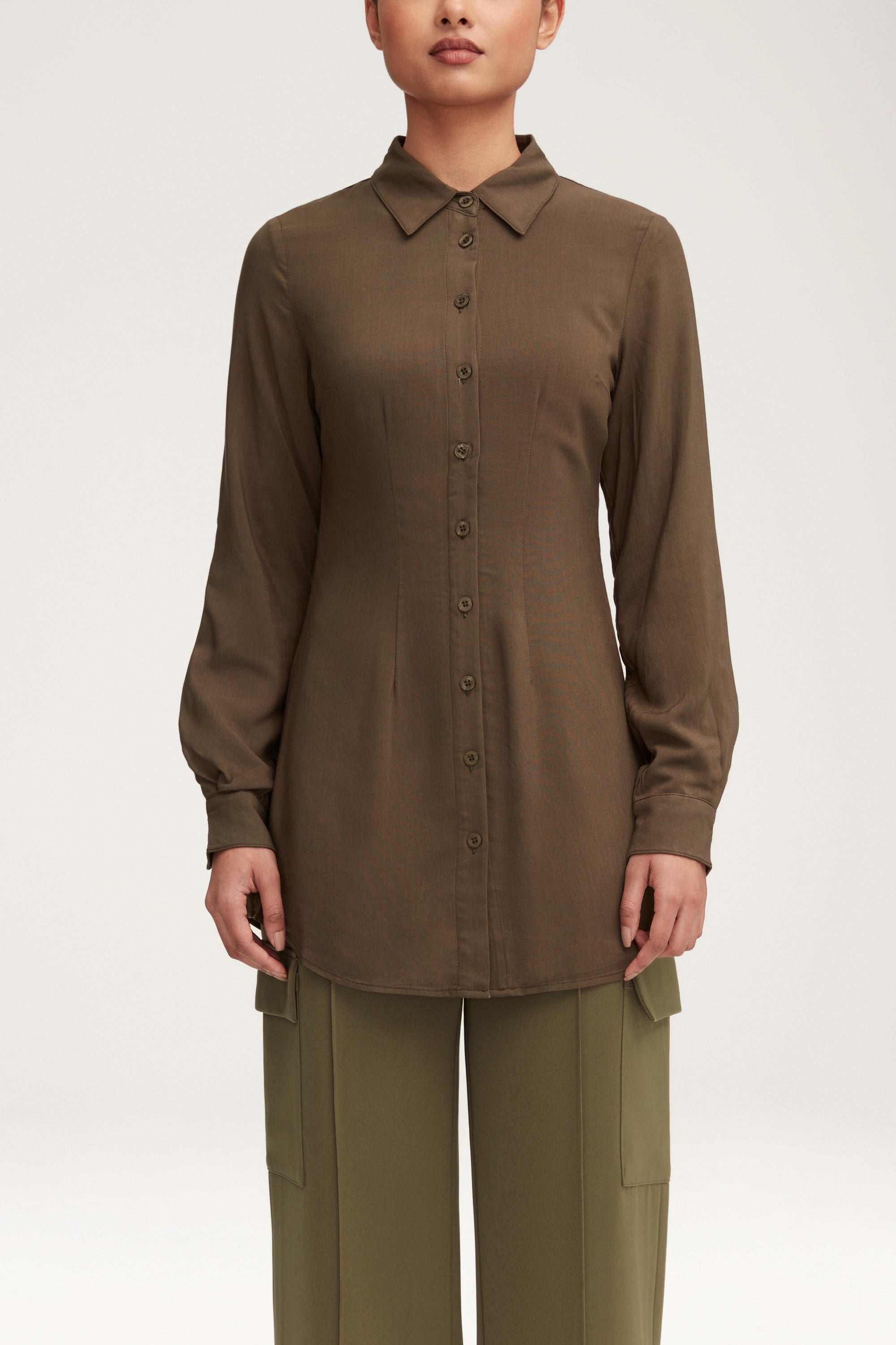 Sarah Fitted Button Down Top - Dark Olive Clothing Veiled 