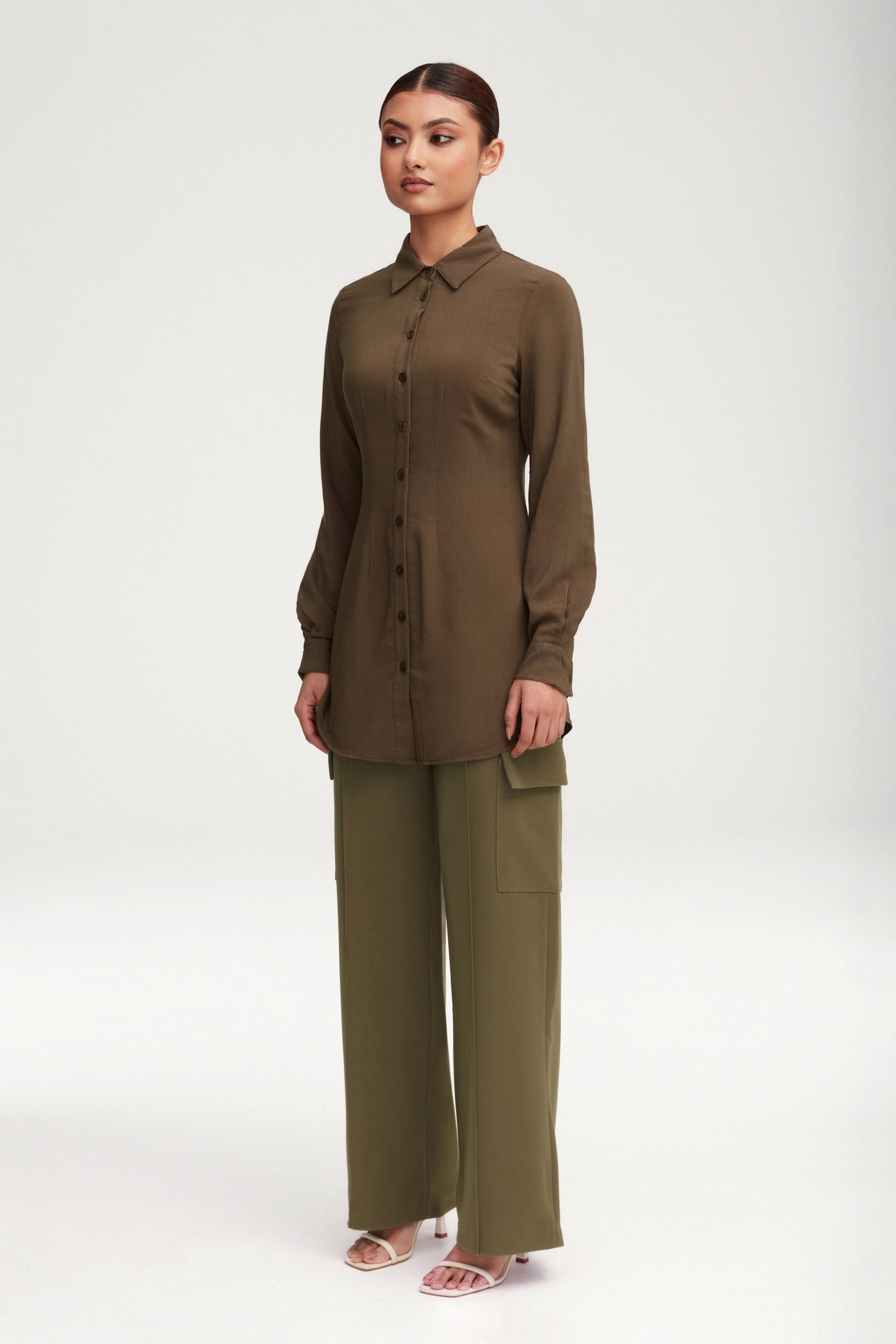 Sarah Fitted Button Down Top - Dark Olive Clothing Veiled 